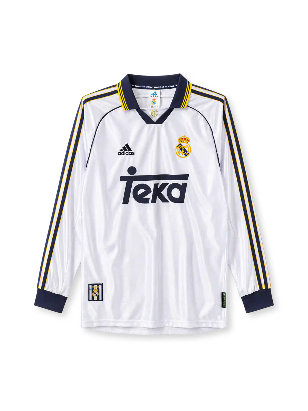 Real Madrid 1998-00 long-sleeve home jersey in white with Teka sponsor and navy gold trim