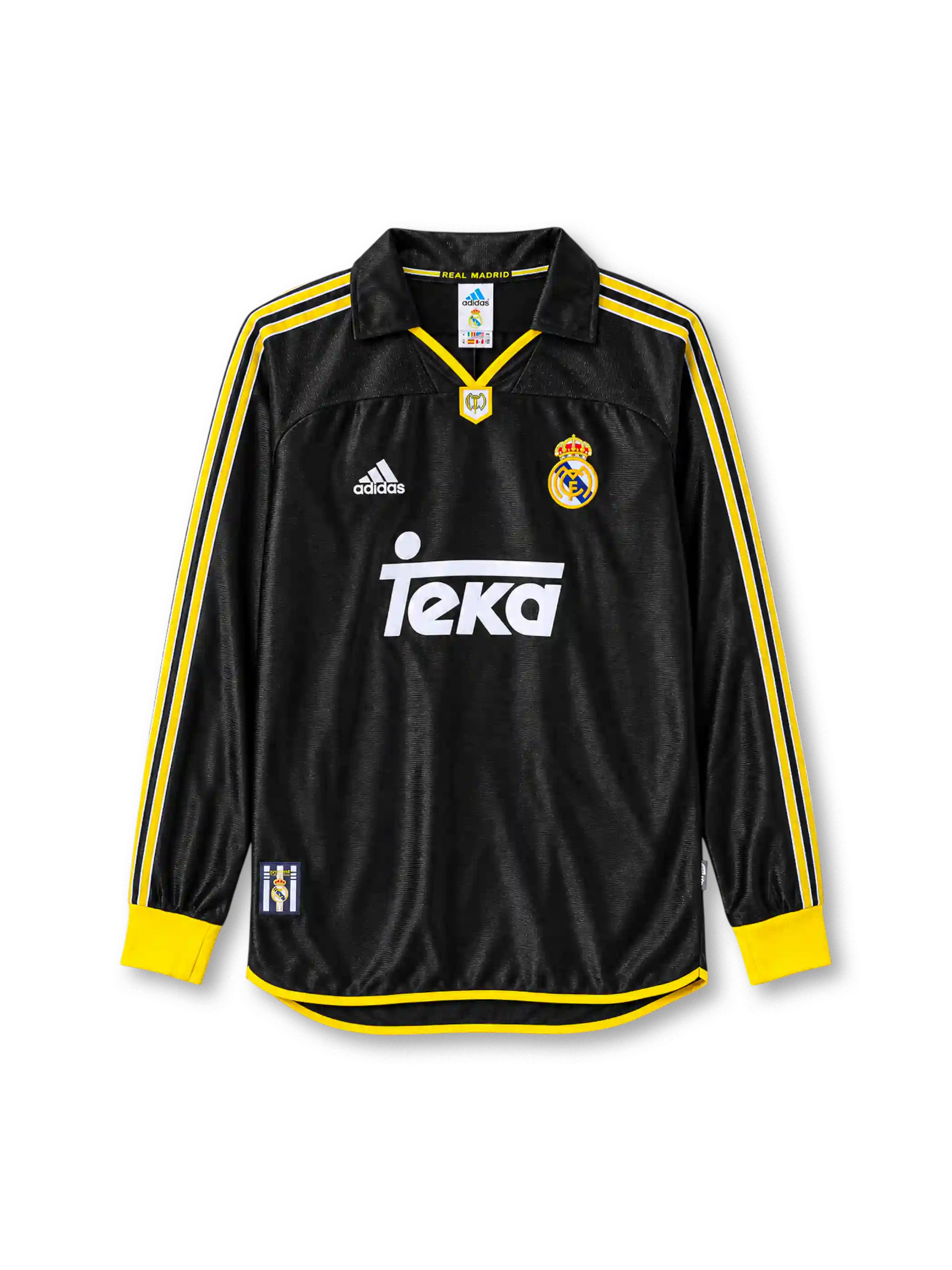 Real Madrid 1999-01 long-sleeve away jersey in black with Teka sponsor and yellow white trim