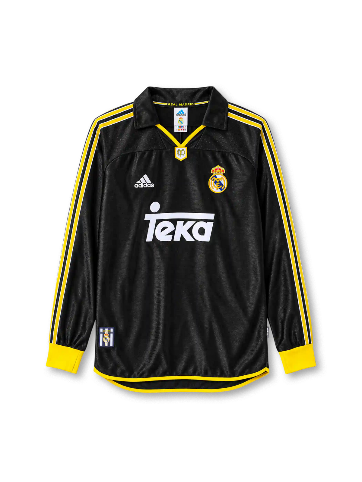 Real Madrid 1999-01 long-sleeve away jersey in black with Teka sponsor and yellow white trim