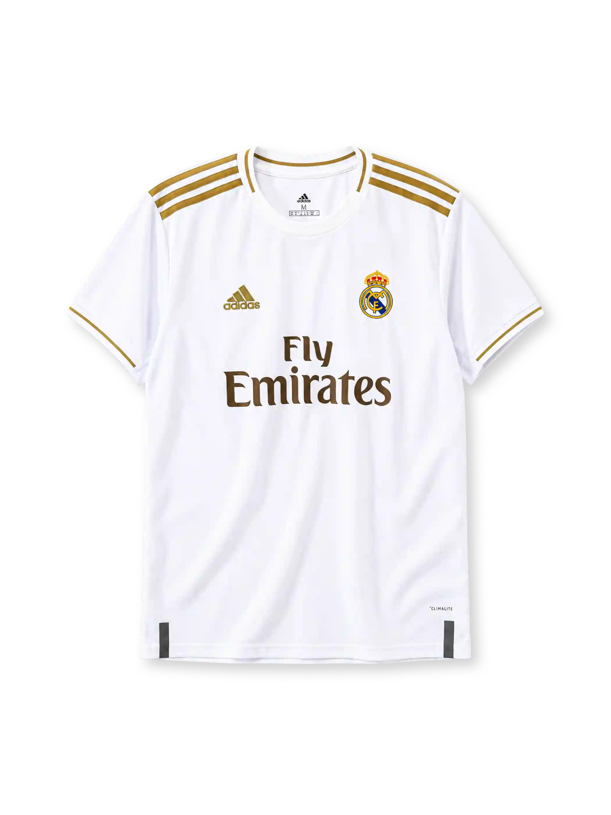 Real Madrid 2019-20 home jersey in white with Fly Emirates sponsor and gold trim