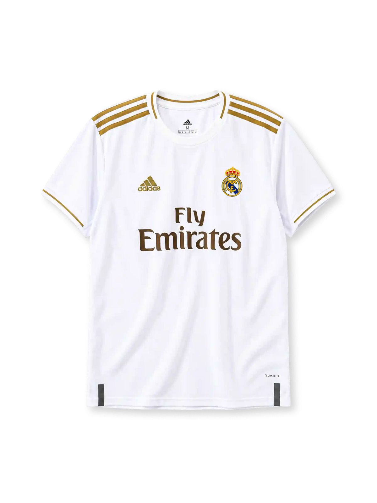 Real Madrid 2019-20 home jersey in white with Fly Emirates sponsor and gold trim