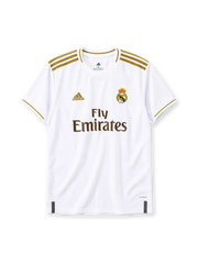 Real Madrid 2019-20 home jersey in white with Fly Emirates sponsor and gold trim