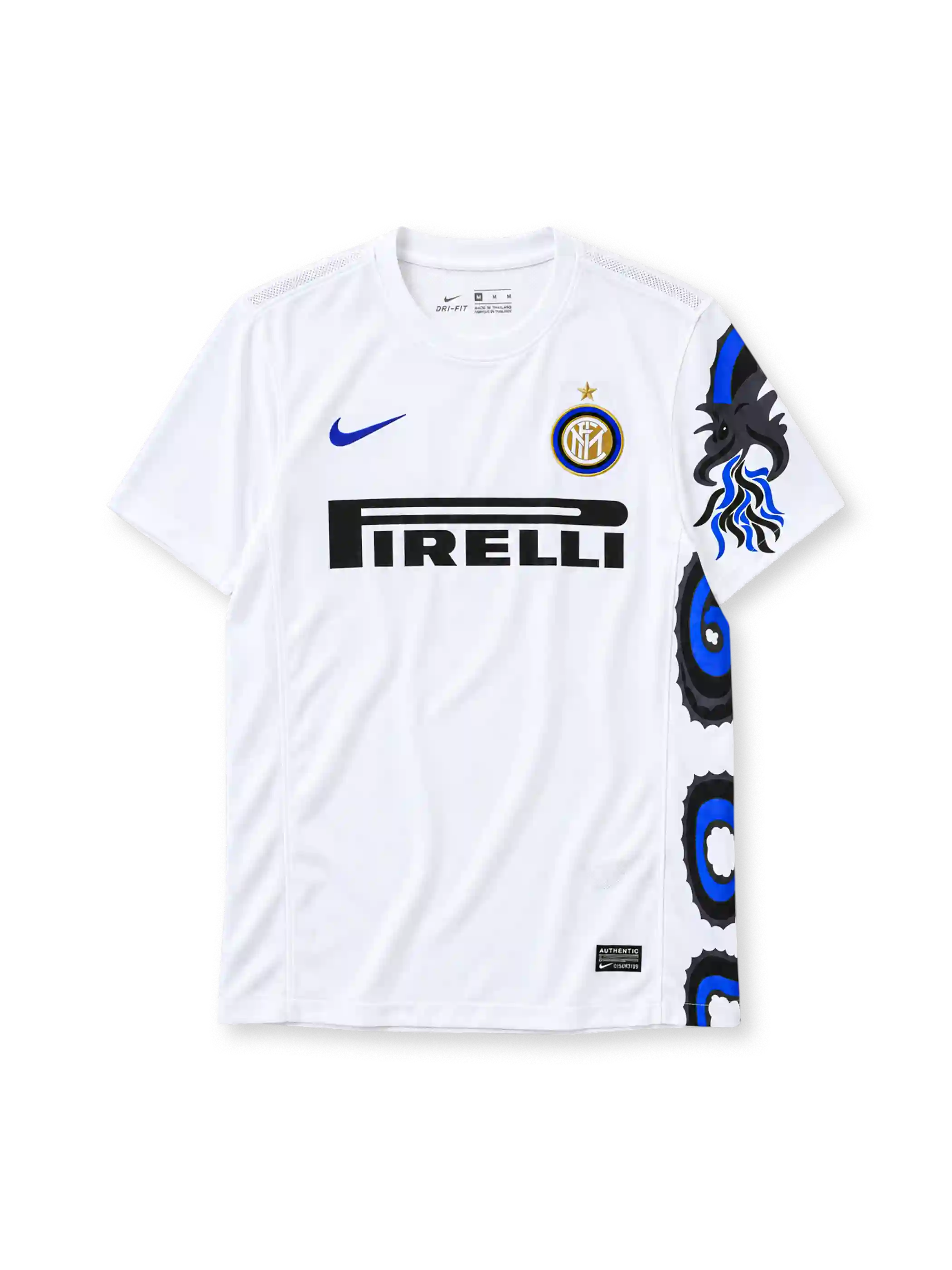 Inter Milan 2010-11 away jersey in white with Pirelli sponsor and dragon tire graphic