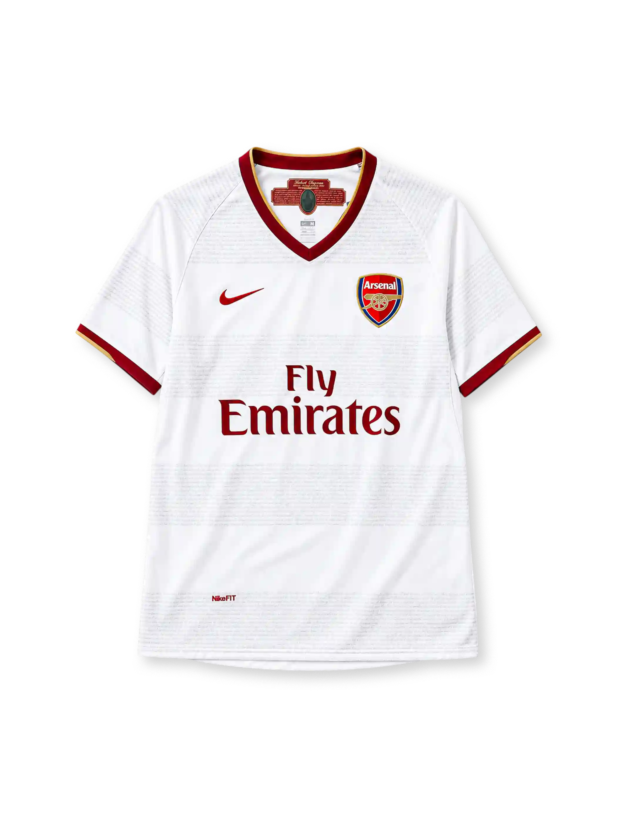 Arsenal 2007-08 away jersey in white with Fly Emirates sponsor and maroon gold trim