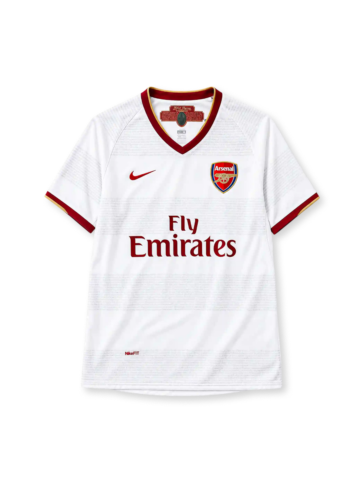 Arsenal 2007-08 away jersey in white with Fly Emirates sponsor and maroon gold trim
