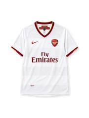 Arsenal 2007-08 away jersey in white with Fly Emirates sponsor and maroon gold trim