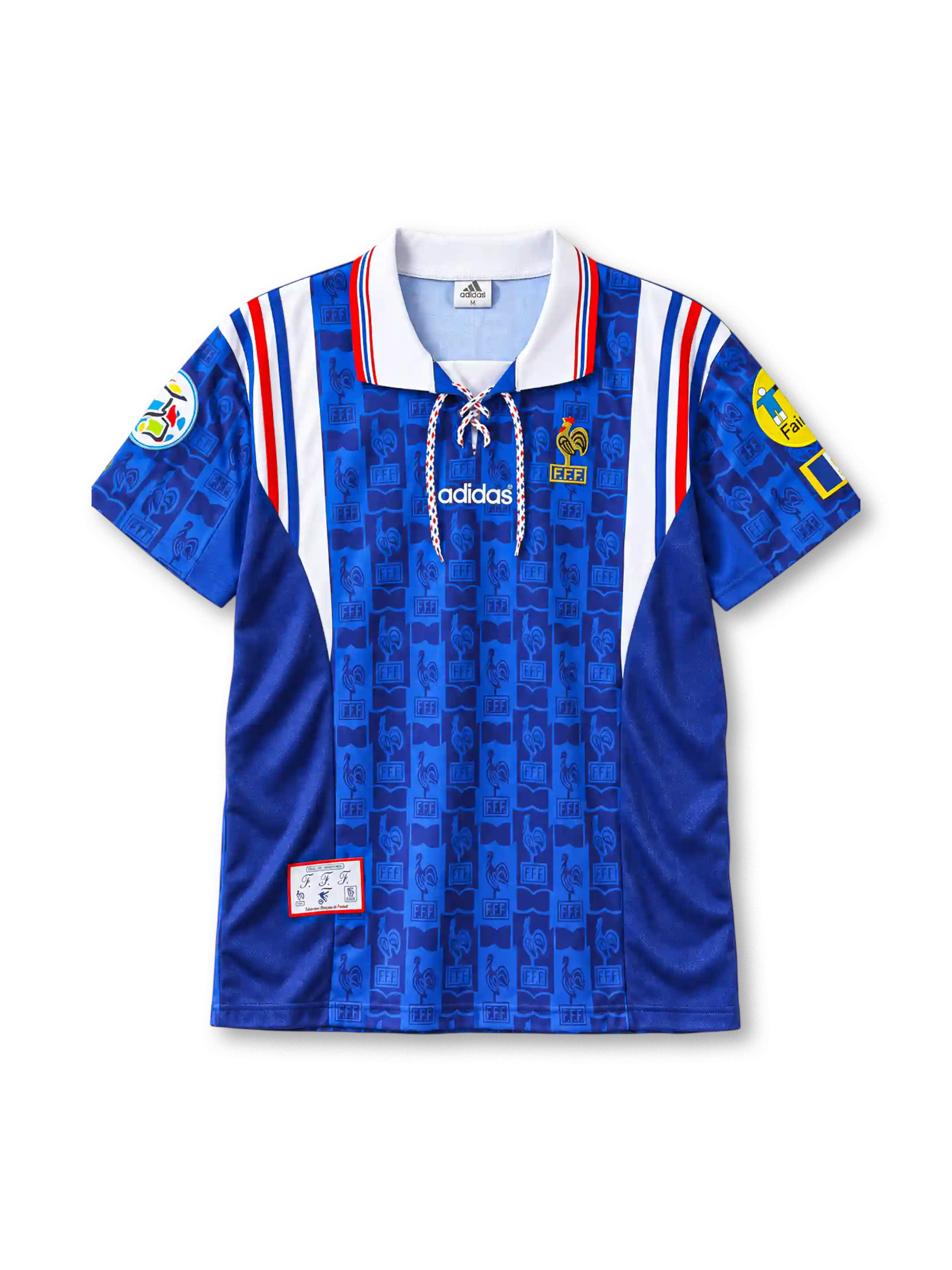 France 1996 home jersey in blue with lace-up collar and FFF rooster crest