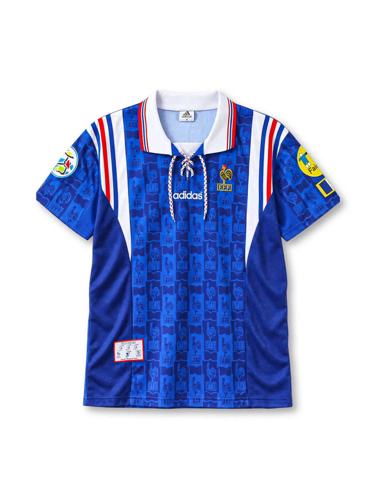 France 1996 home jersey in blue with lace-up collar and FFF rooster crest