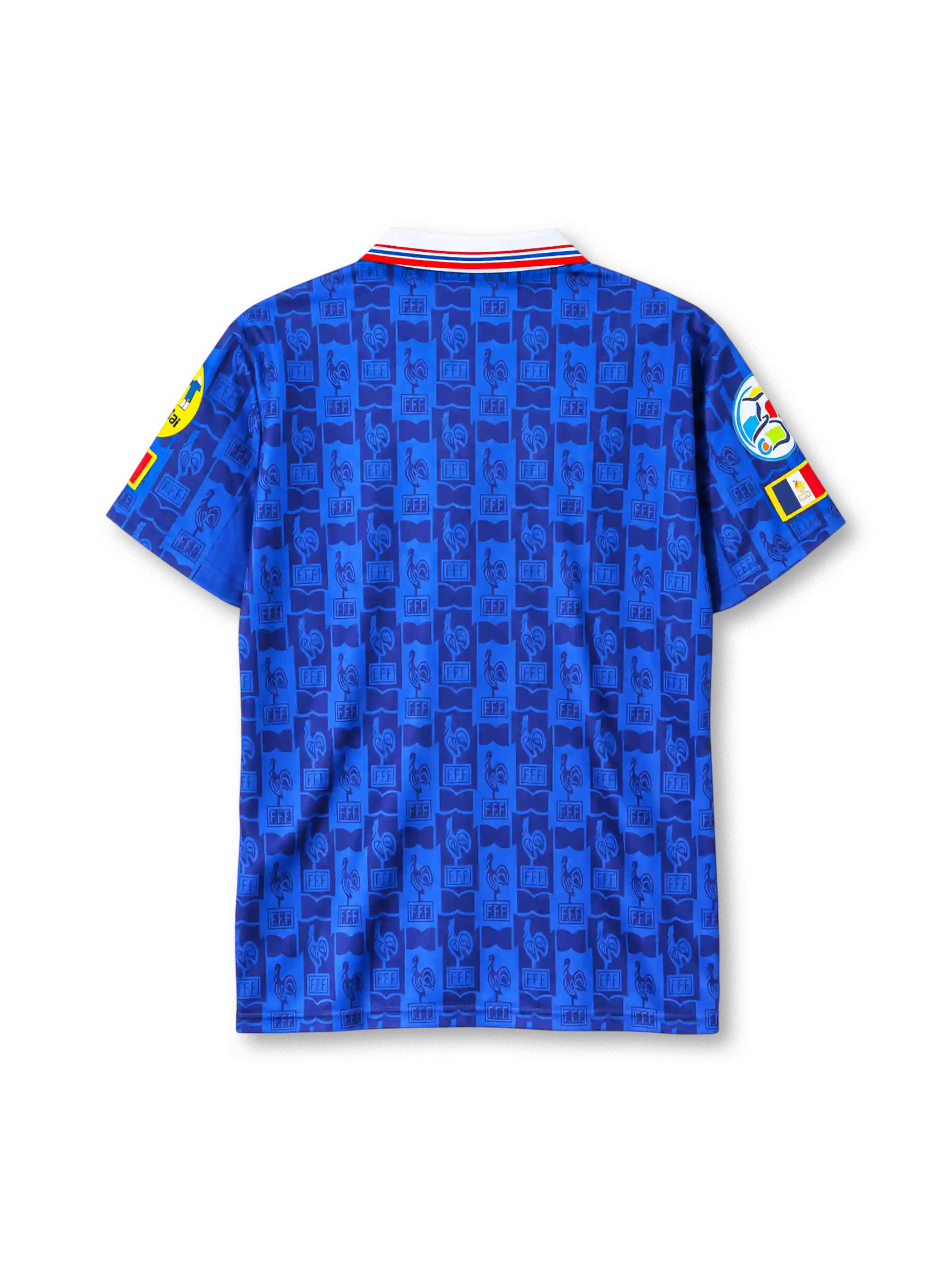 France 1996 home jersey in blue with lace-up collar and FFF rooster crest