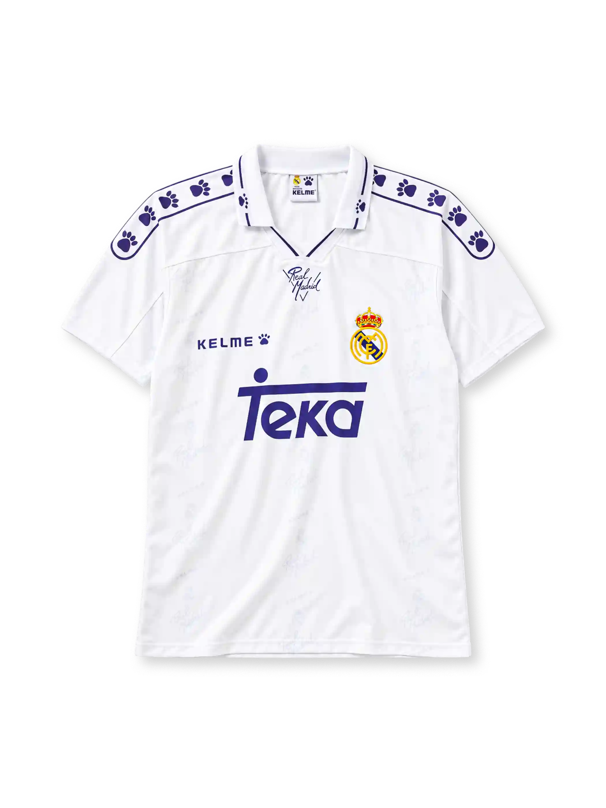 Real Madrid 1994-96 home jersey in white with Teka sponsor and Kelme paw-print pattern