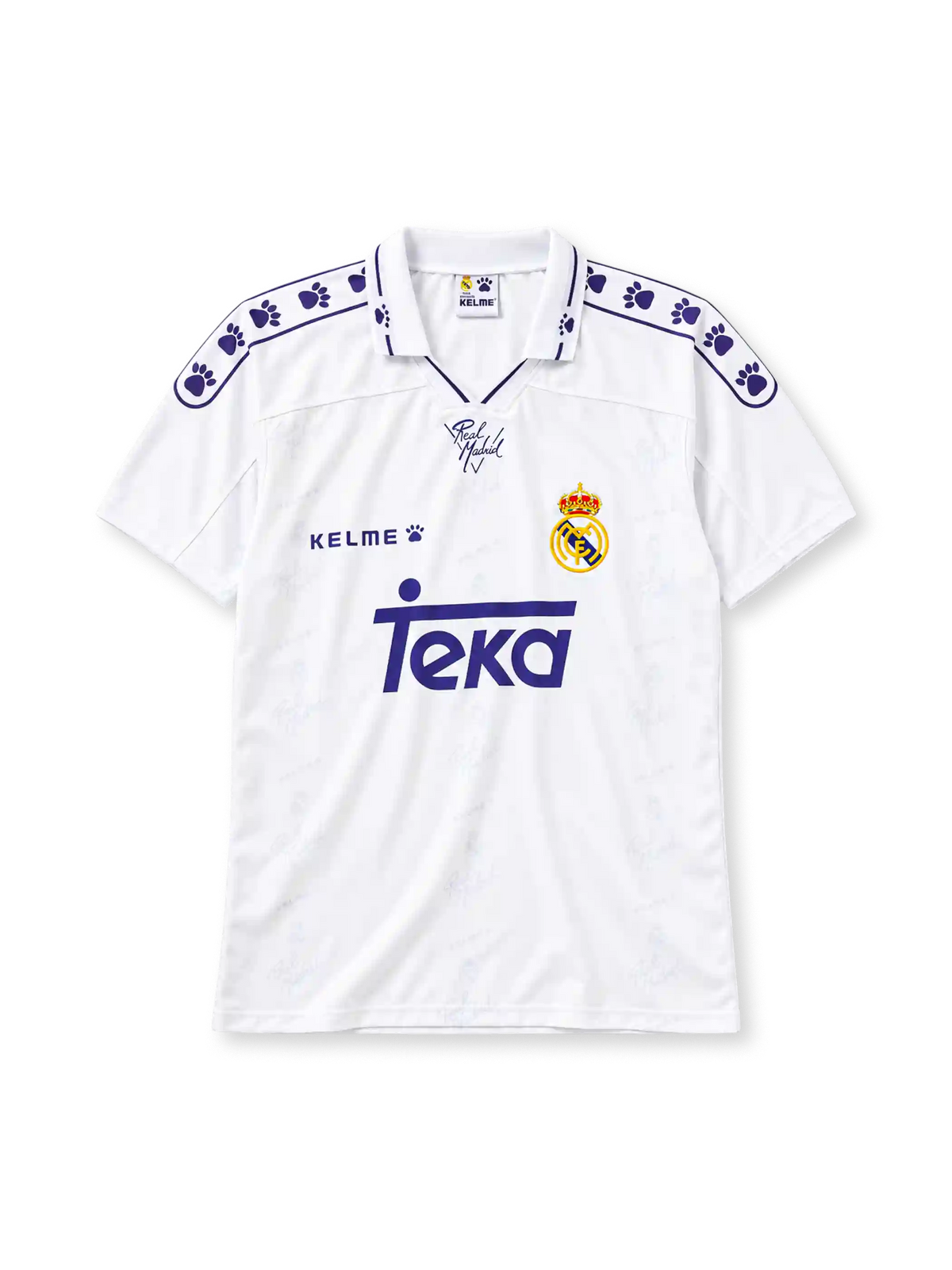 Real Madrid 1994-96 home jersey in white with Teka sponsor and Kelme paw-print pattern