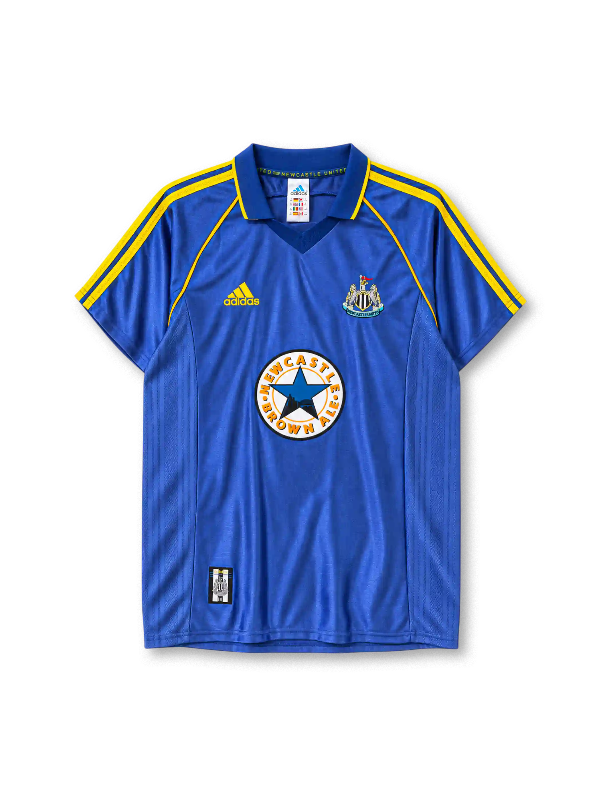 Newcastle United 1998-00 away jersey in blue with Newcastle Brown Ale sponsor and yellow stripes