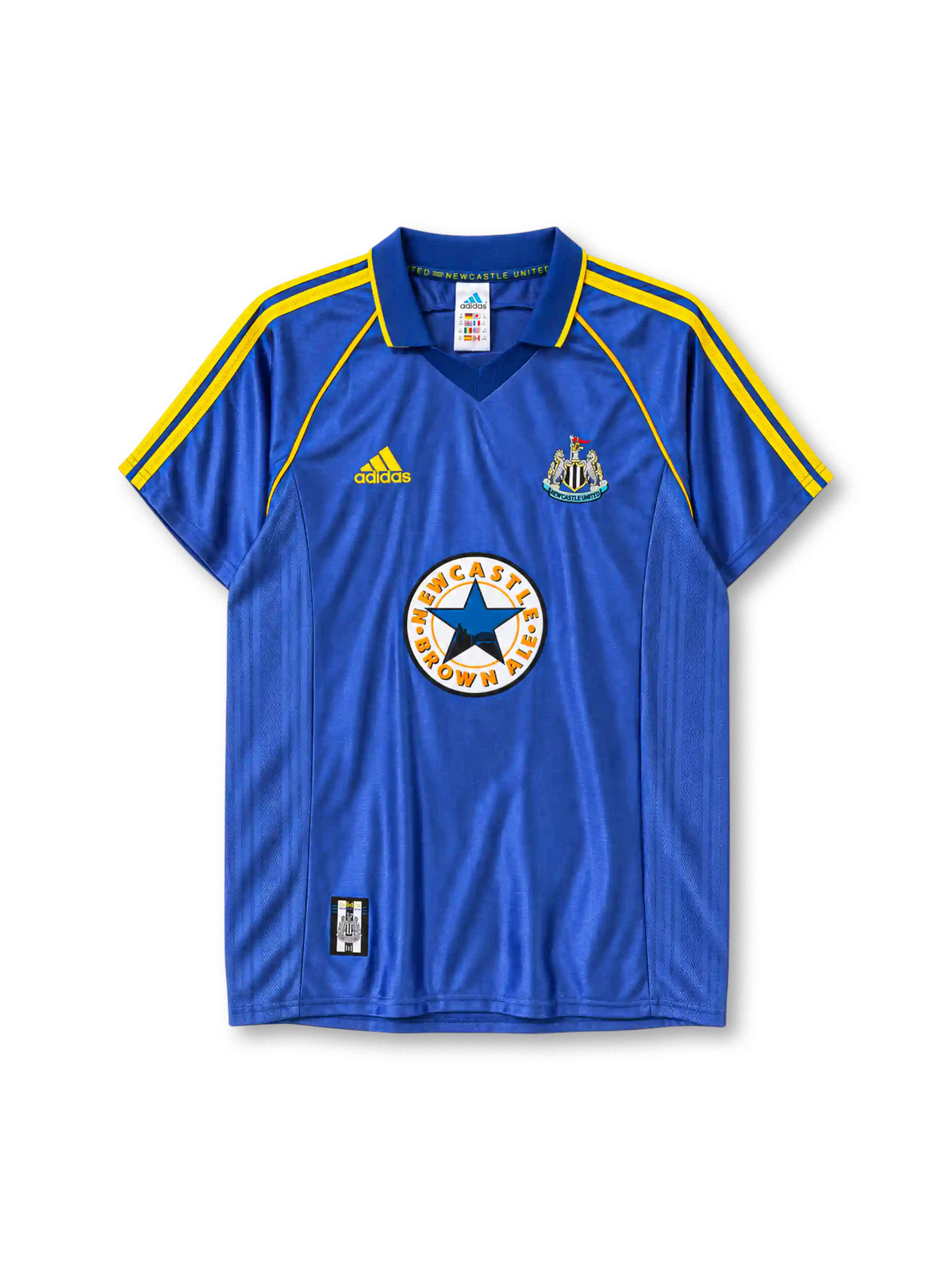 Newcastle United 1998-00 away jersey in blue with Newcastle Brown Ale sponsor and yellow stripes