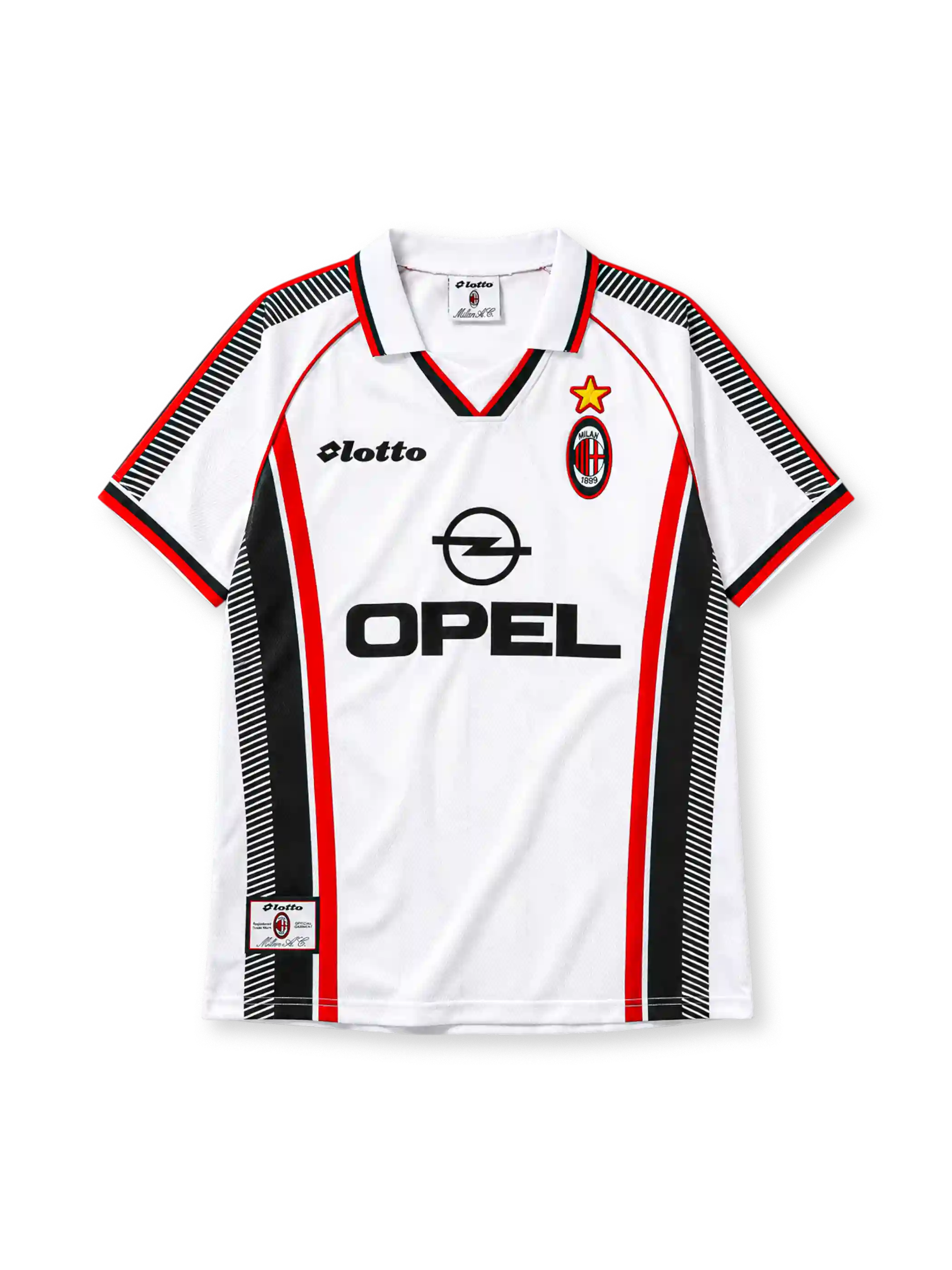 AC Milan 1997-98 away jersey in white with Opel sponsor and red black diagonal accents