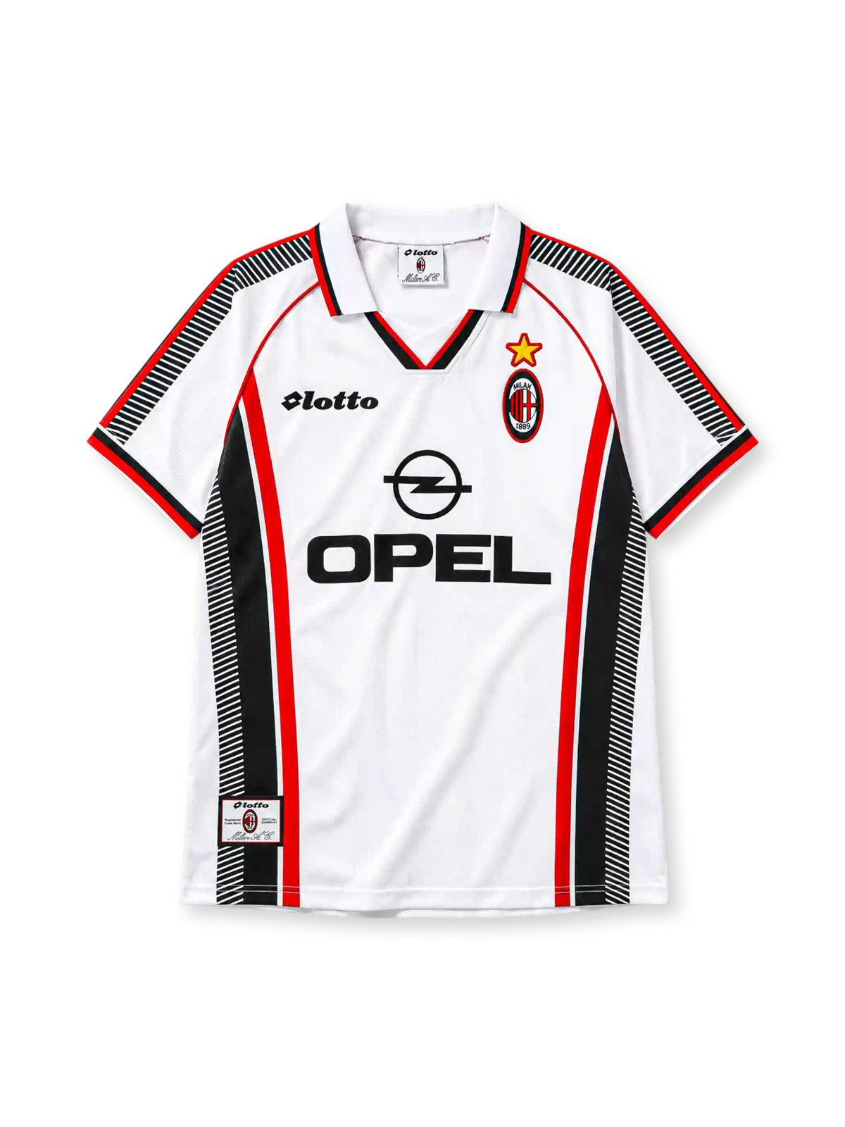 AC Milan 1997-98 away jersey in white with Opel sponsor and red black diagonal accents