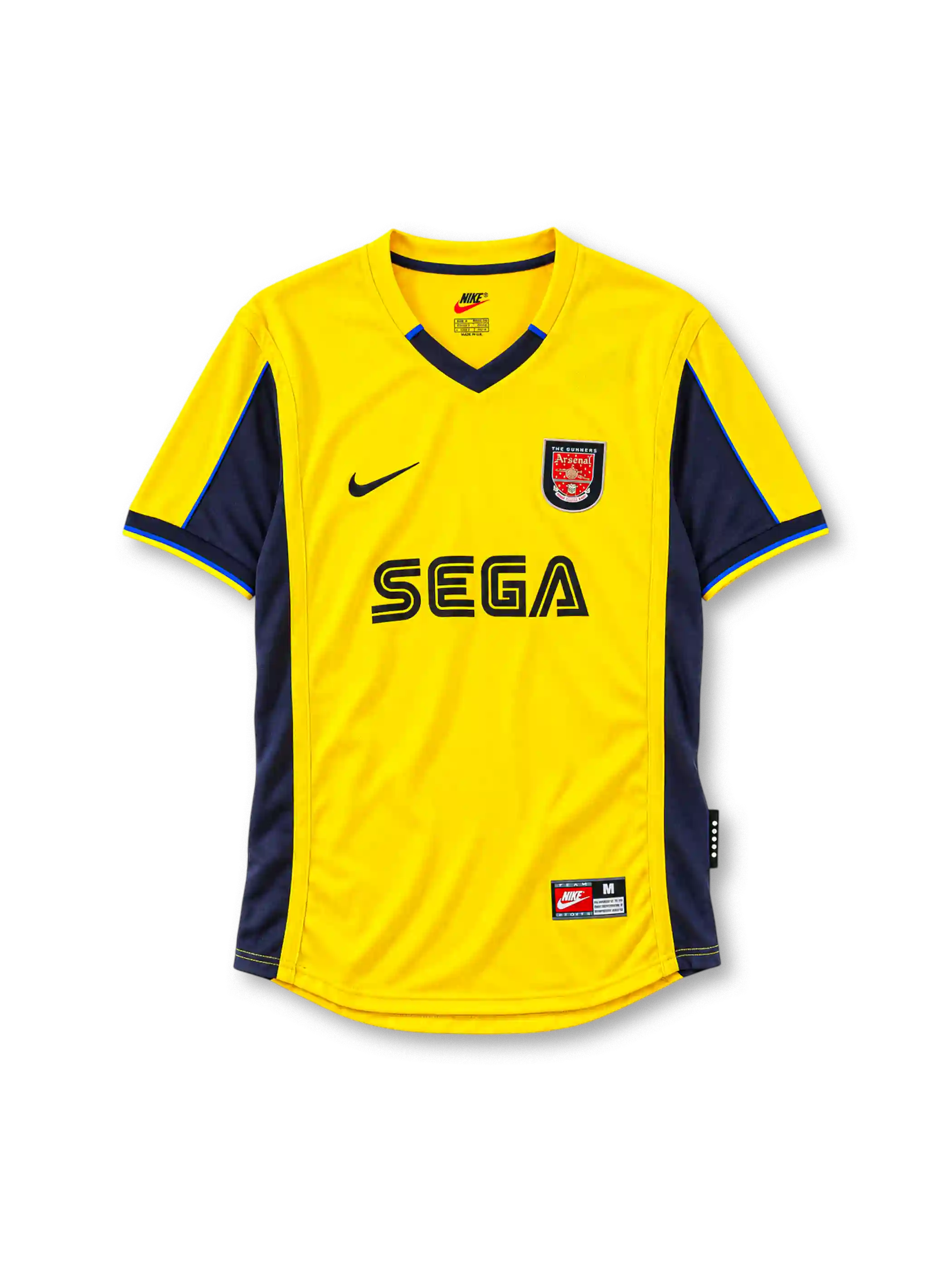 Arsenal 2000-01 away jersey Nike front view yellow navy panels