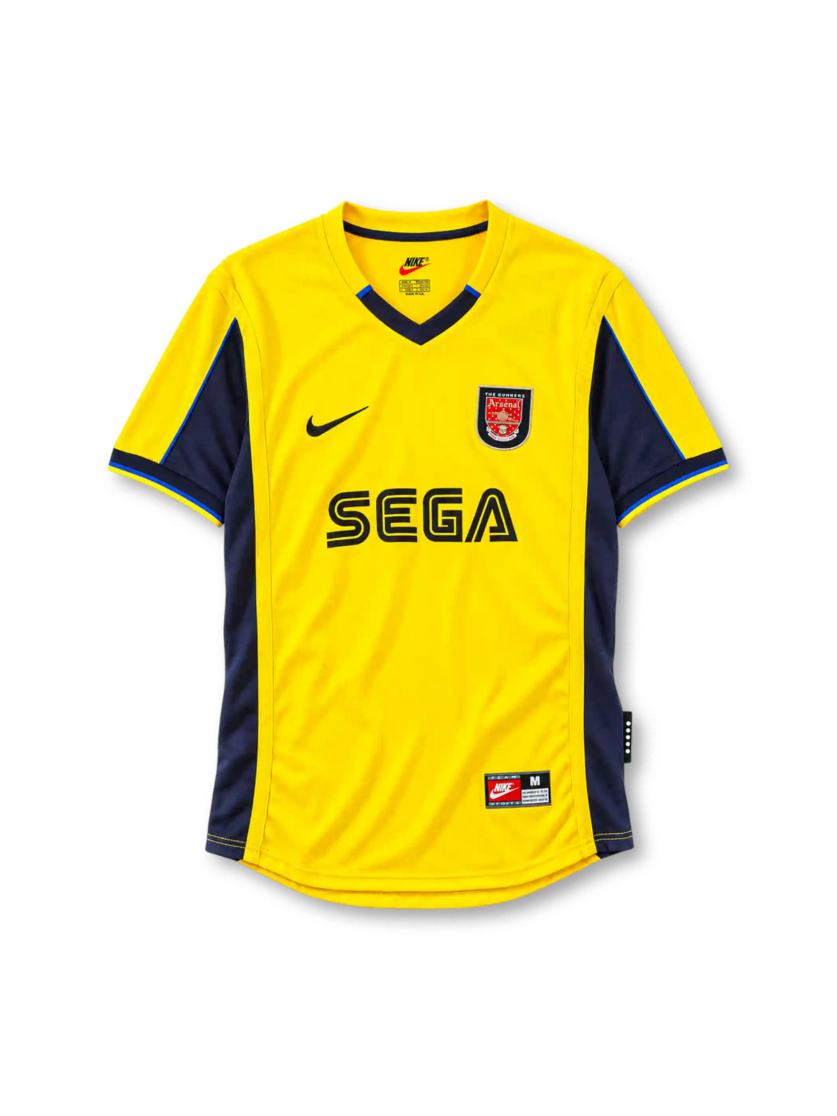 Arsenal 2000-01 away jersey Nike front view yellow navy panels