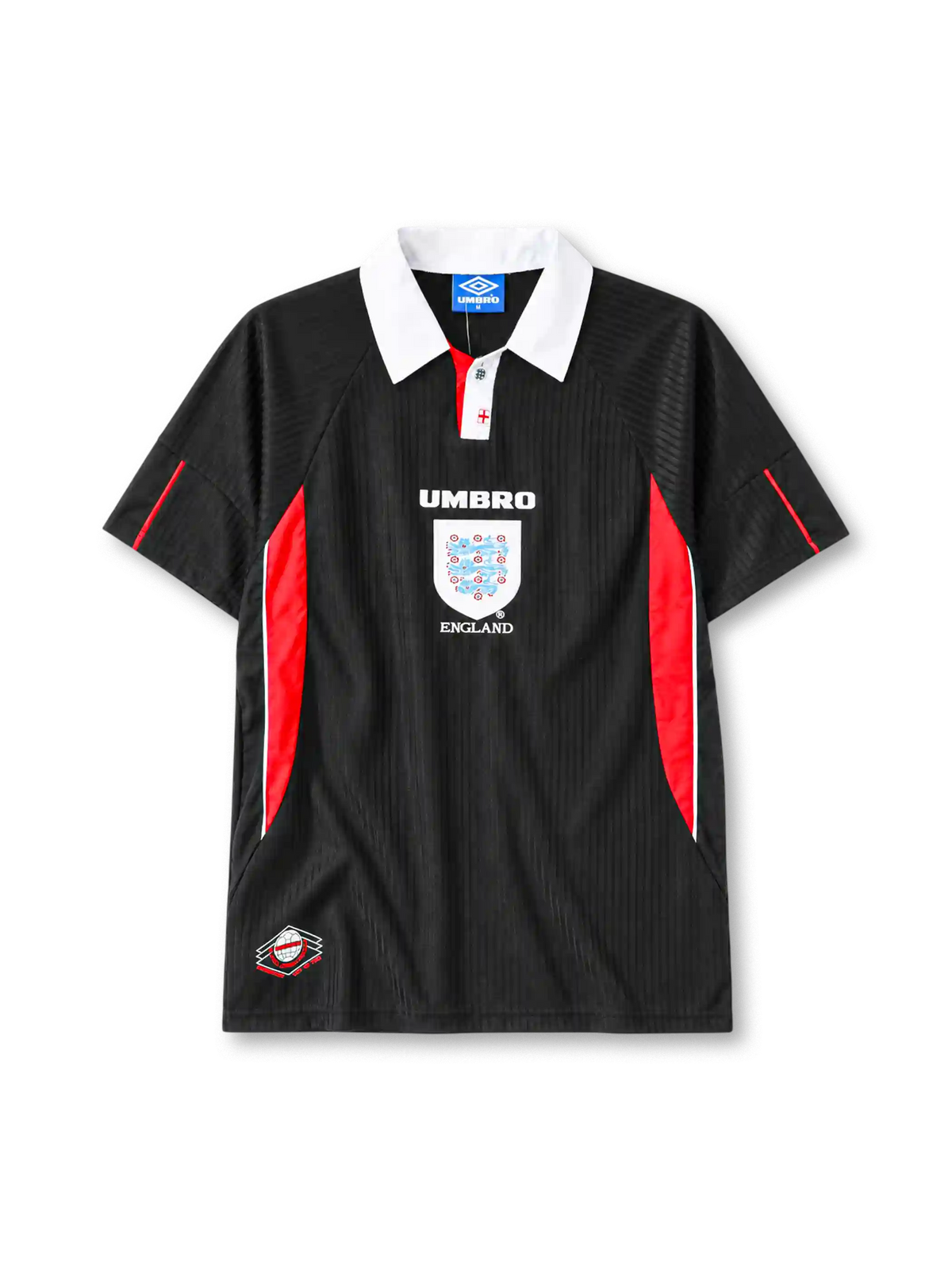 England 1998 third jersey Umbro front view black red panels