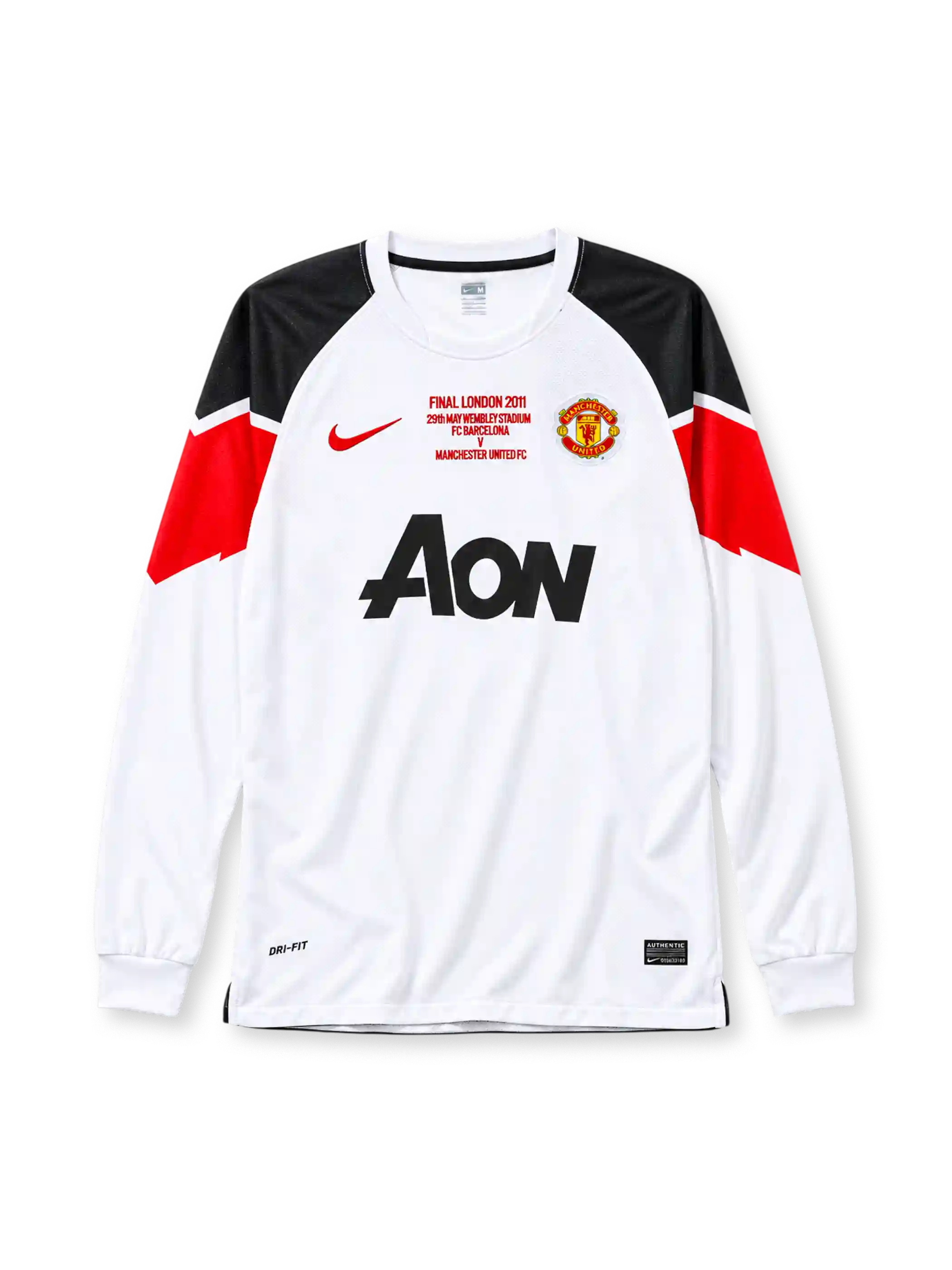Manchester United 2010-11 away jersey Nike front view white Champions League final print