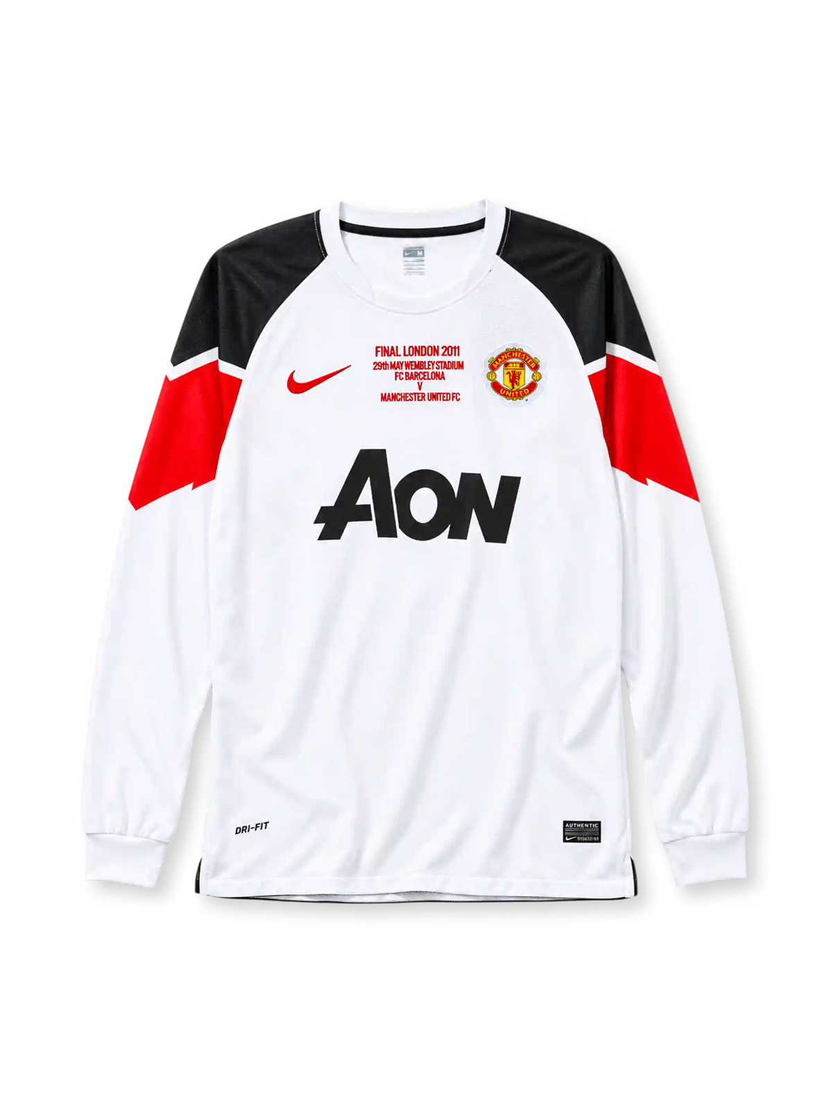 Manchester United 2010-11 away jersey Nike front view white Champions League final print