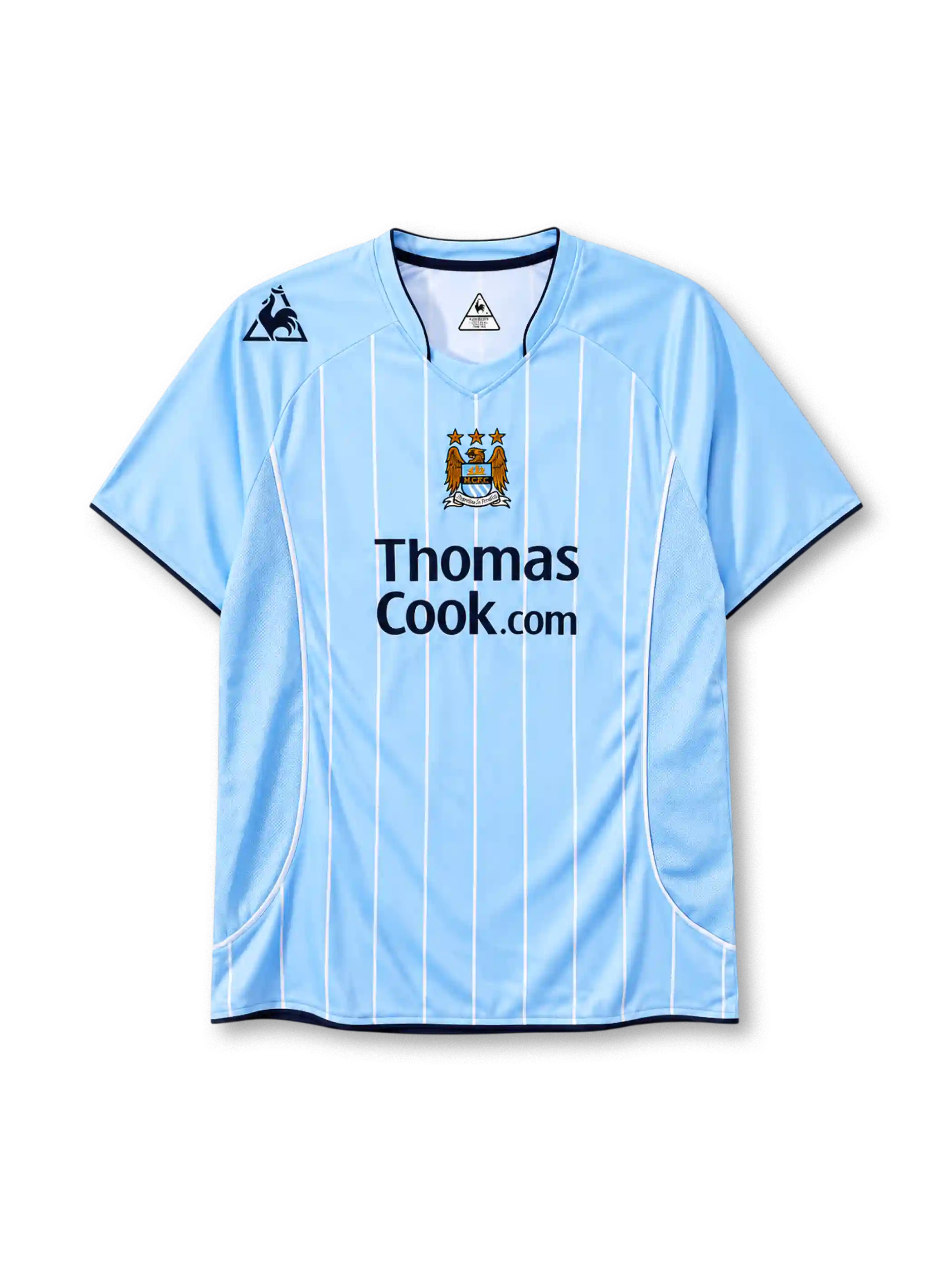 Manchester City 2007-08 home jersey Le Coq Sportif front view sky blue pinstripes
