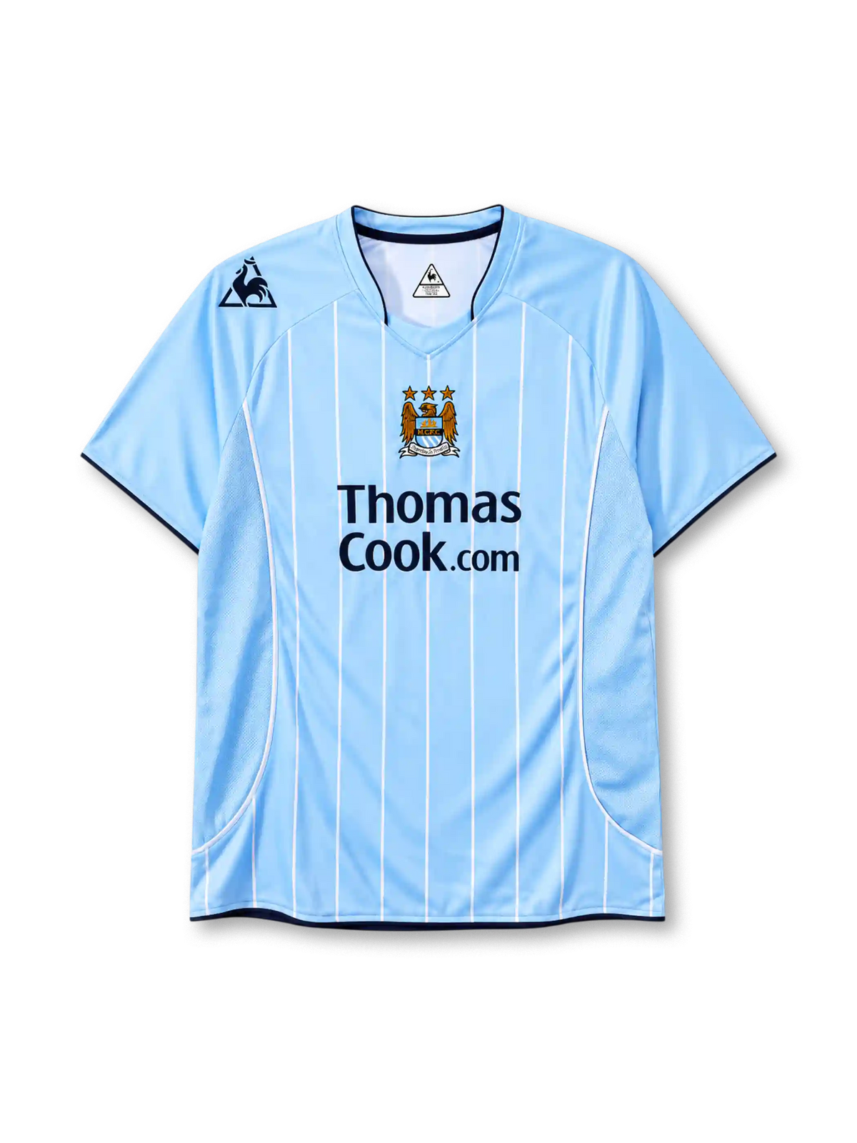 Manchester City 2007-08 home jersey Le Coq Sportif front view sky blue pinstripes