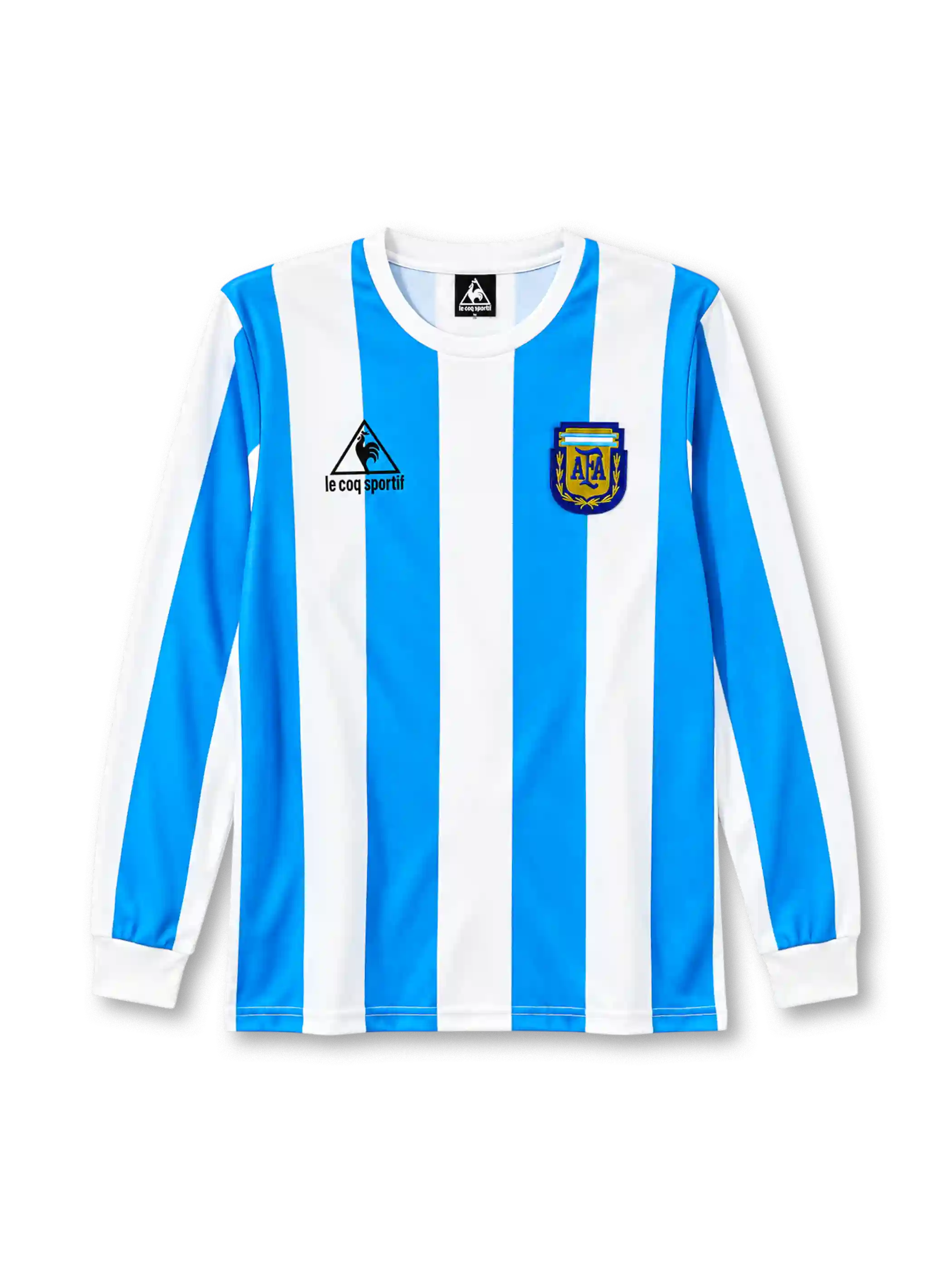 Argentina 1986 long-sleeve home jersey Le Coq Sportif front view light blue white stripes