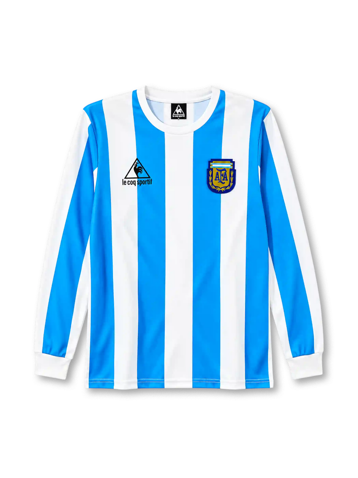 Argentina 1986 long-sleeve home jersey Le Coq Sportif front view light blue white stripes
