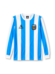 Argentina 1986 long-sleeve home jersey Le Coq Sportif front view light blue white stripes