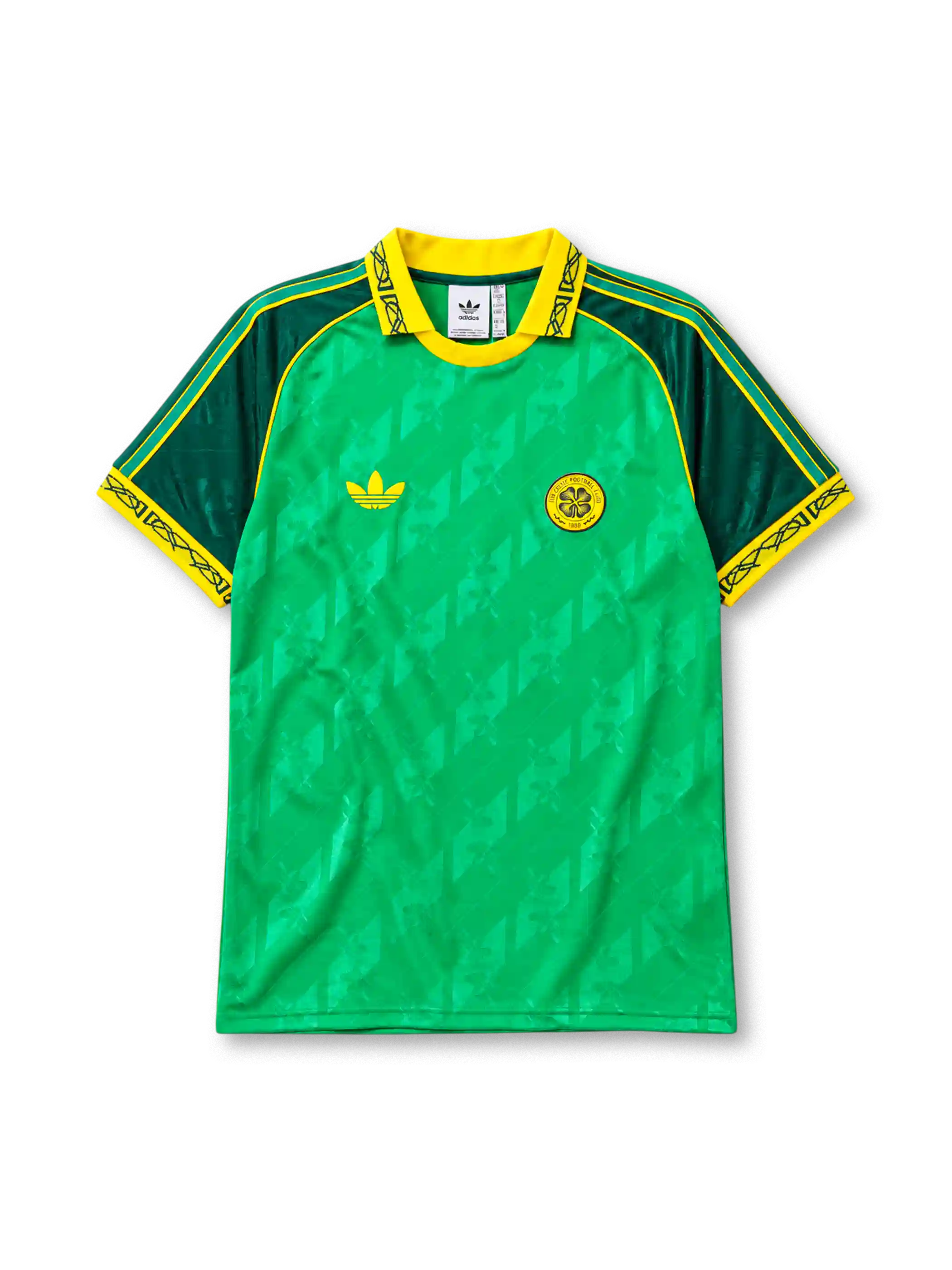 Celtic FC anniversary home jersey adidas front view green Celtic knot pattern