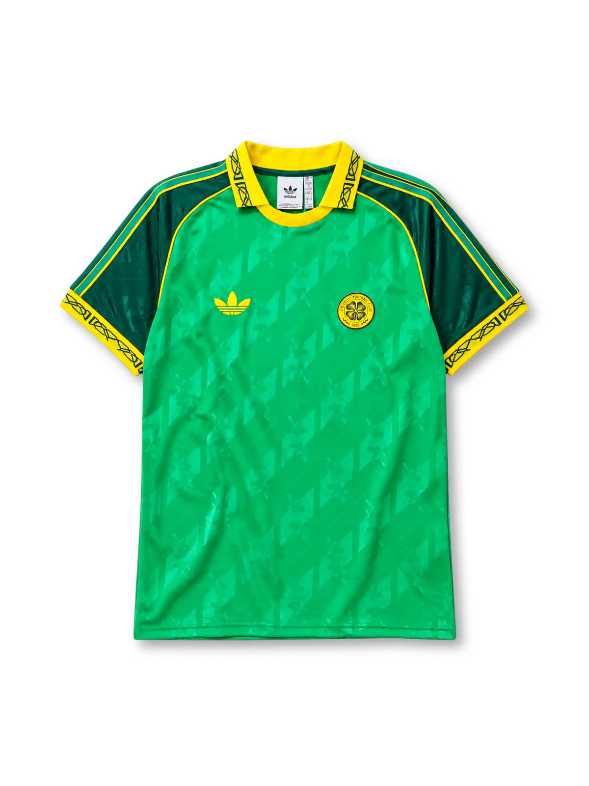 Celtic FC anniversary home jersey adidas front view green Celtic knot pattern