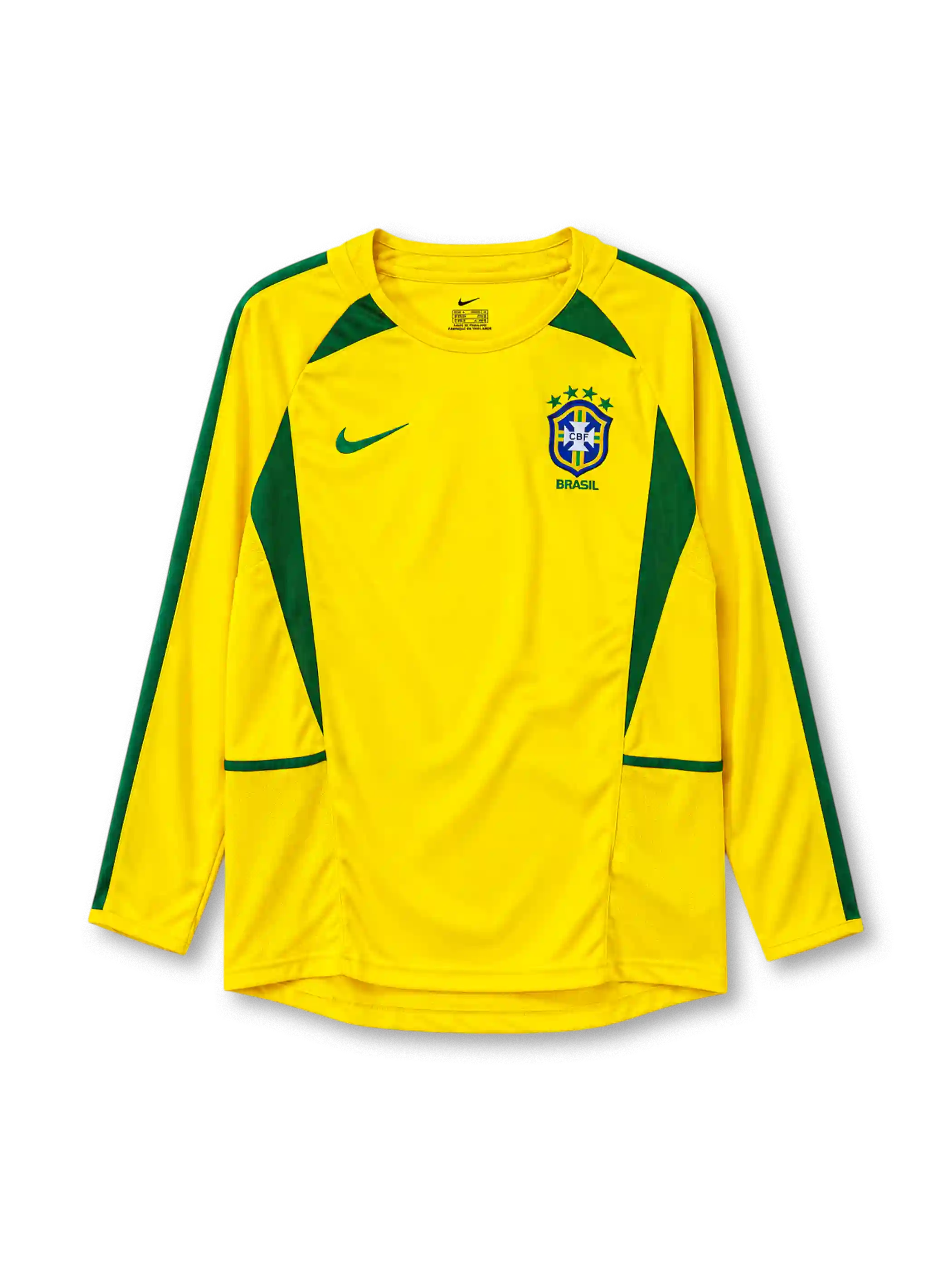 Brazil 2002 long-sleeve home jersey Nike front view yellow green panels