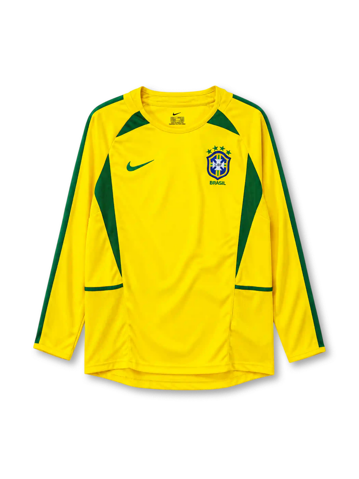 Brazil 2002 long-sleeve home jersey Nike front view yellow green panels