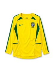 Brazil 2002 long-sleeve home jersey Nike front view yellow green panels