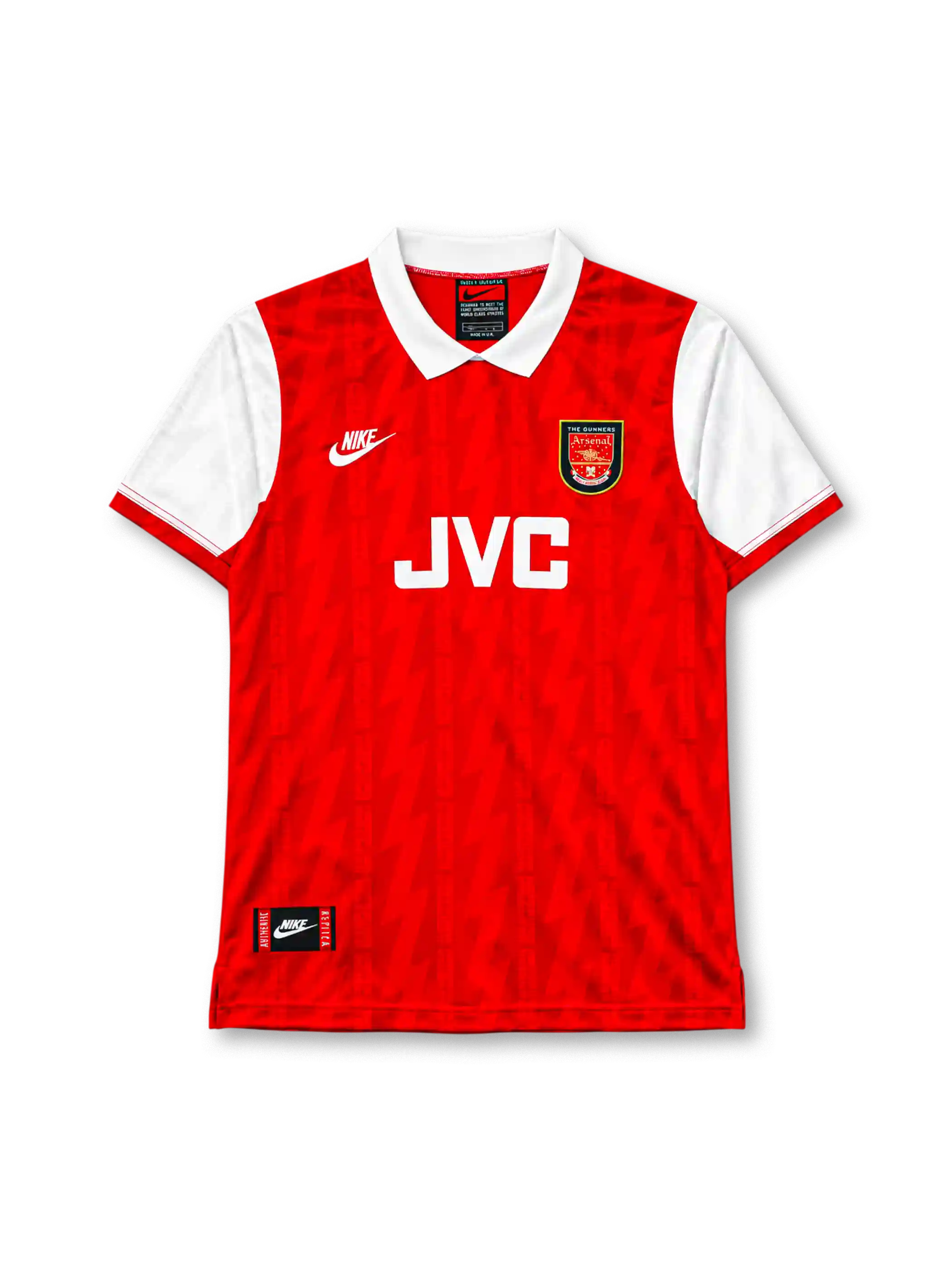 Arsenal 1994-96 home jersey Nike front view red white sleeves JVC