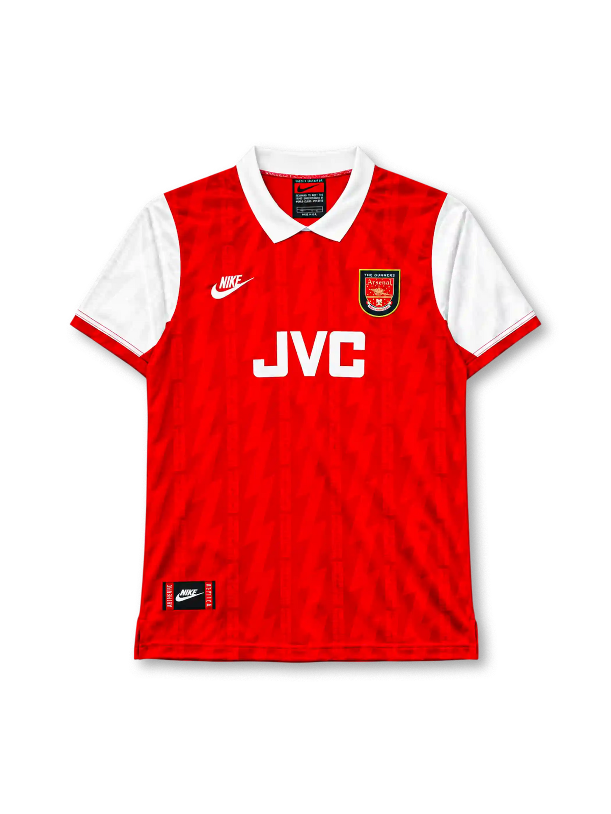 Arsenal 1994-96 home jersey Nike front view red white sleeves JVC