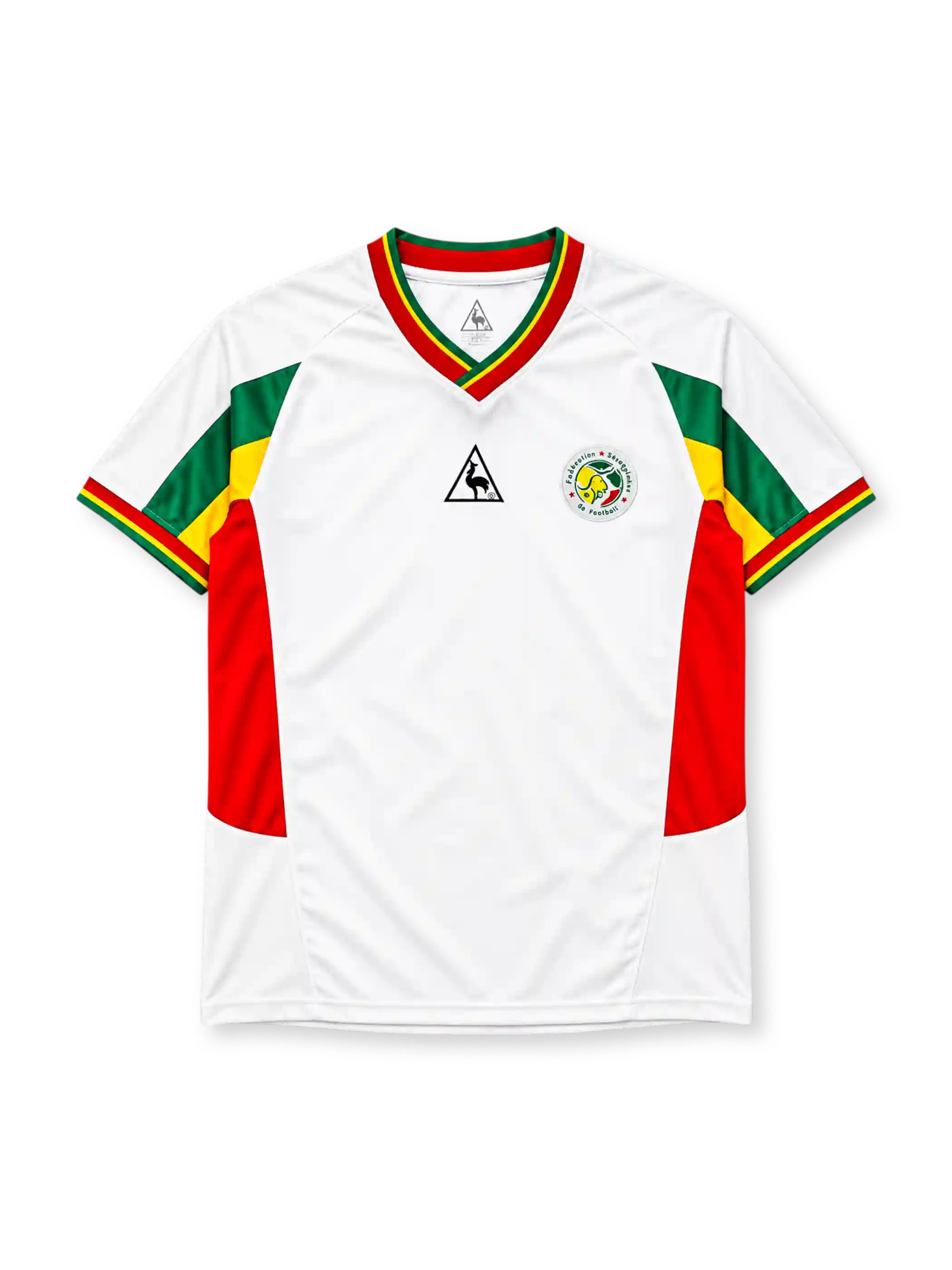 Senegal 2002 home jersey Le Coq Sportif front view white green yellow red panels