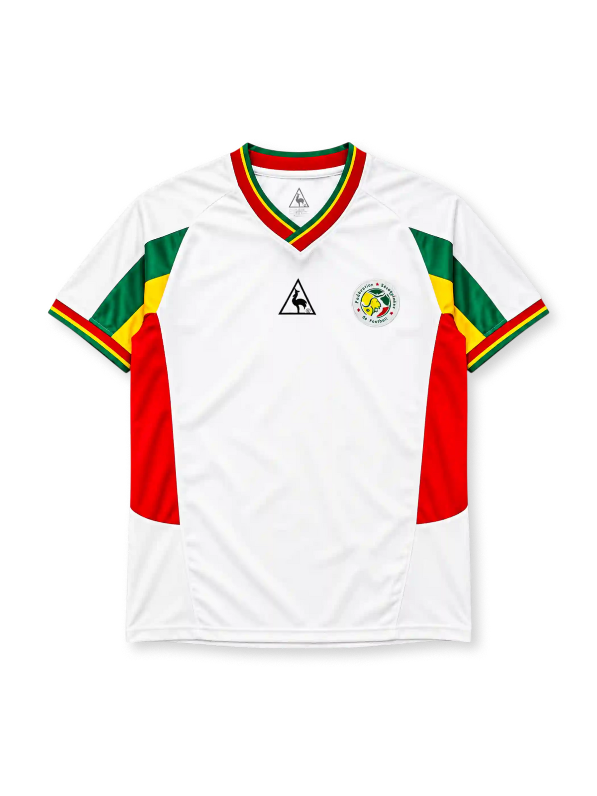 Senegal 2002 home jersey Le Coq Sportif front view white green yellow red panels