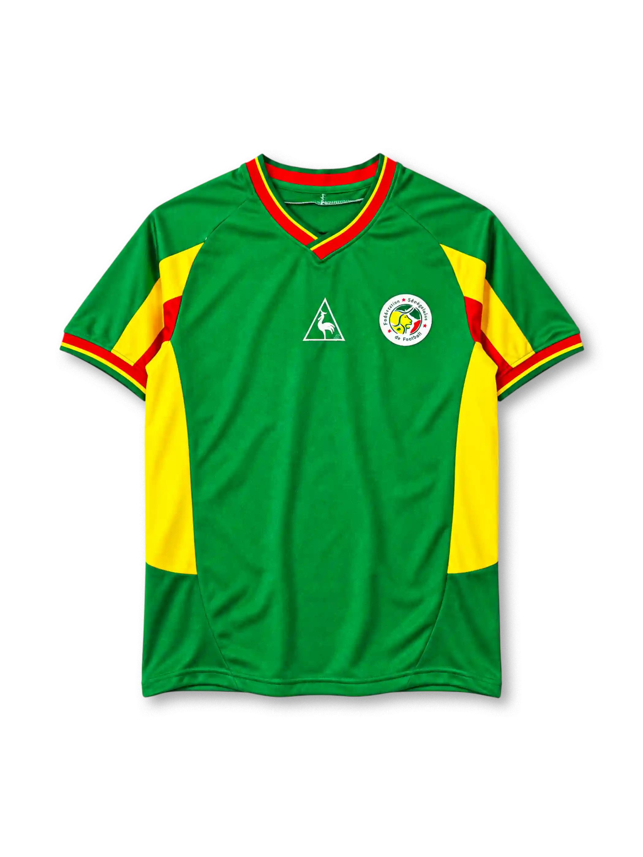 Senegal 2002 away jersey Le Coq Sportif front view green yellow panels