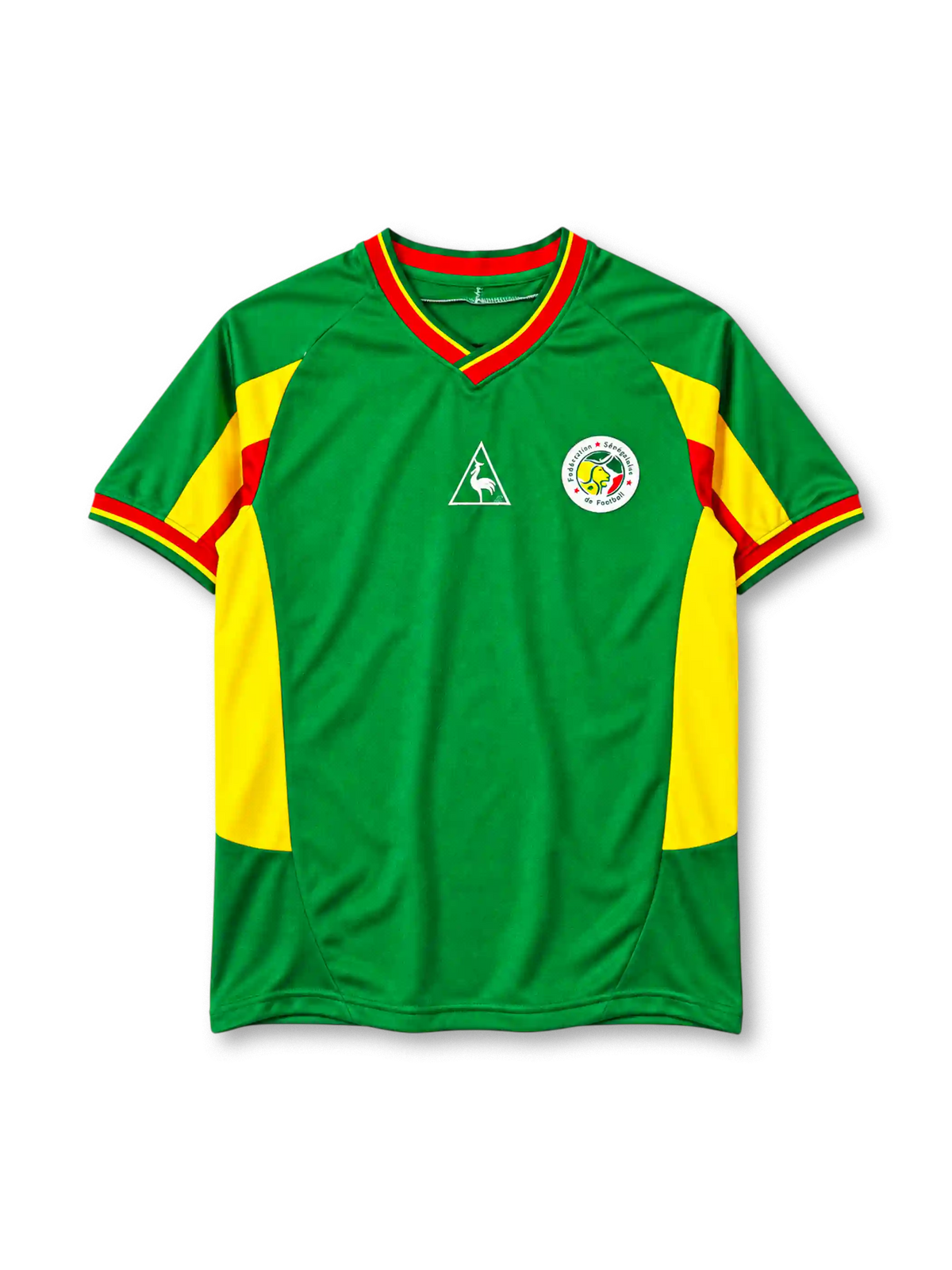 Senegal 2002 away jersey Le Coq Sportif front view green yellow panels