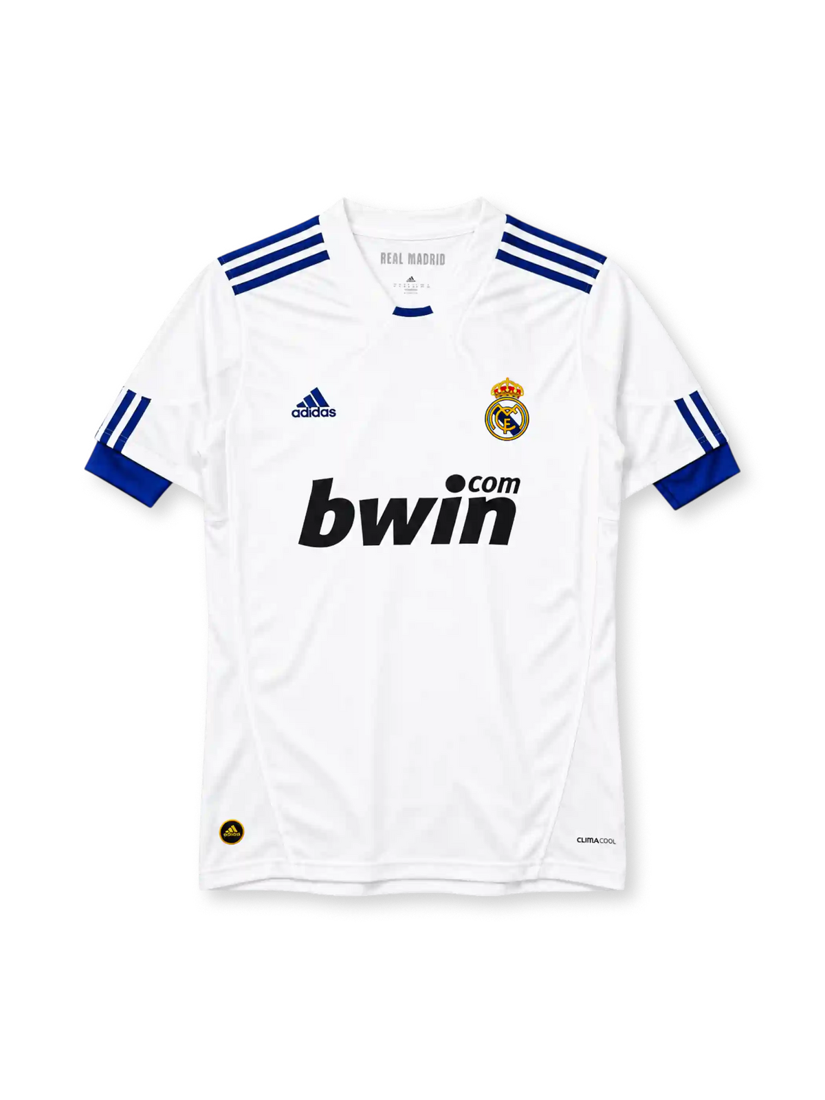 Real Madrid 2010-11 home jersey adidas front view white blue stripes bwin