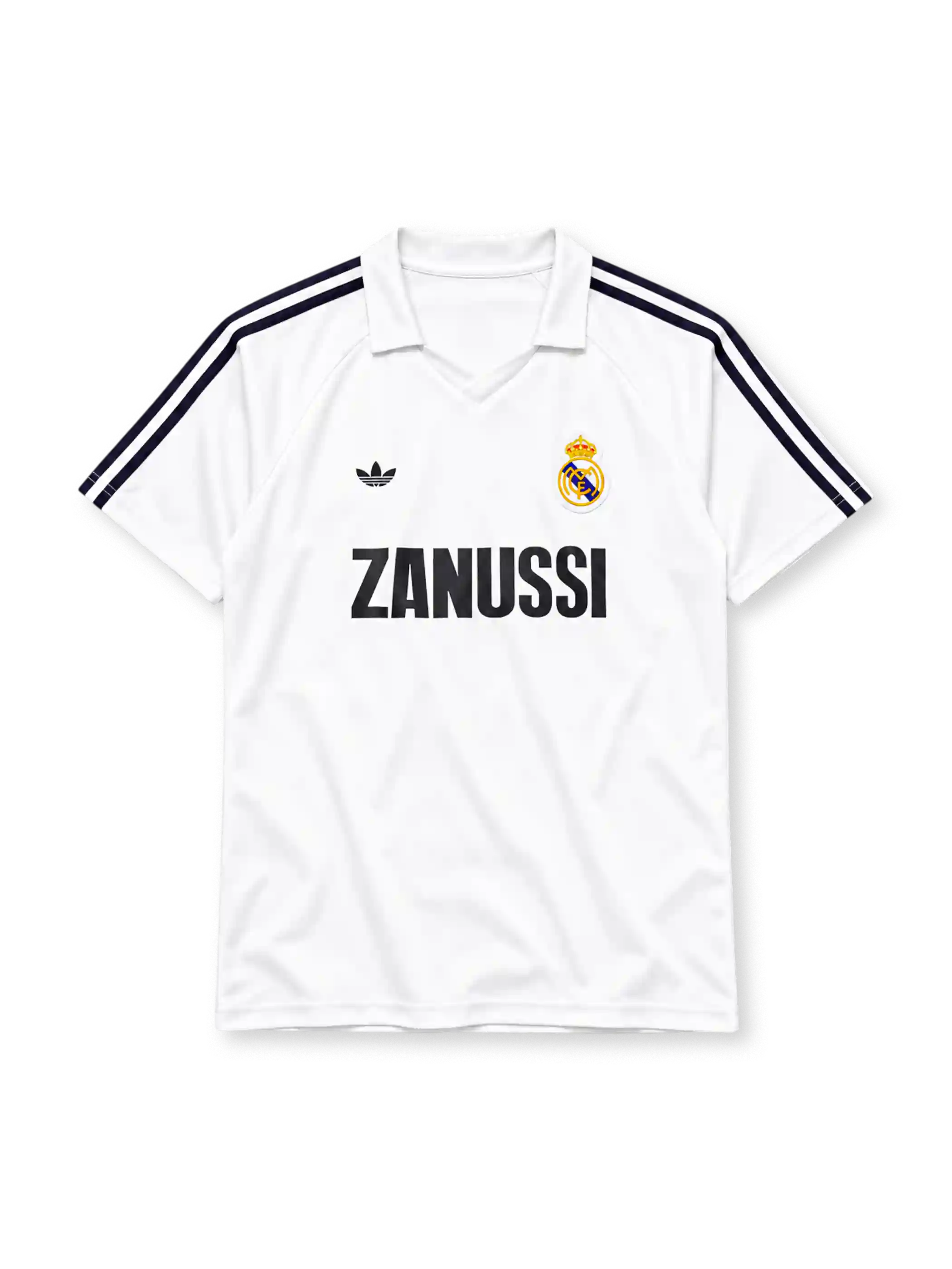Real Madrid 1984-85 home jersey adidas front view white navy stripes Zanussi
