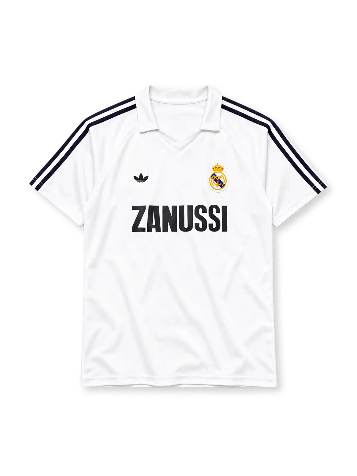 Real Madrid 1984-85 home jersey adidas front view white navy stripes Zanussi