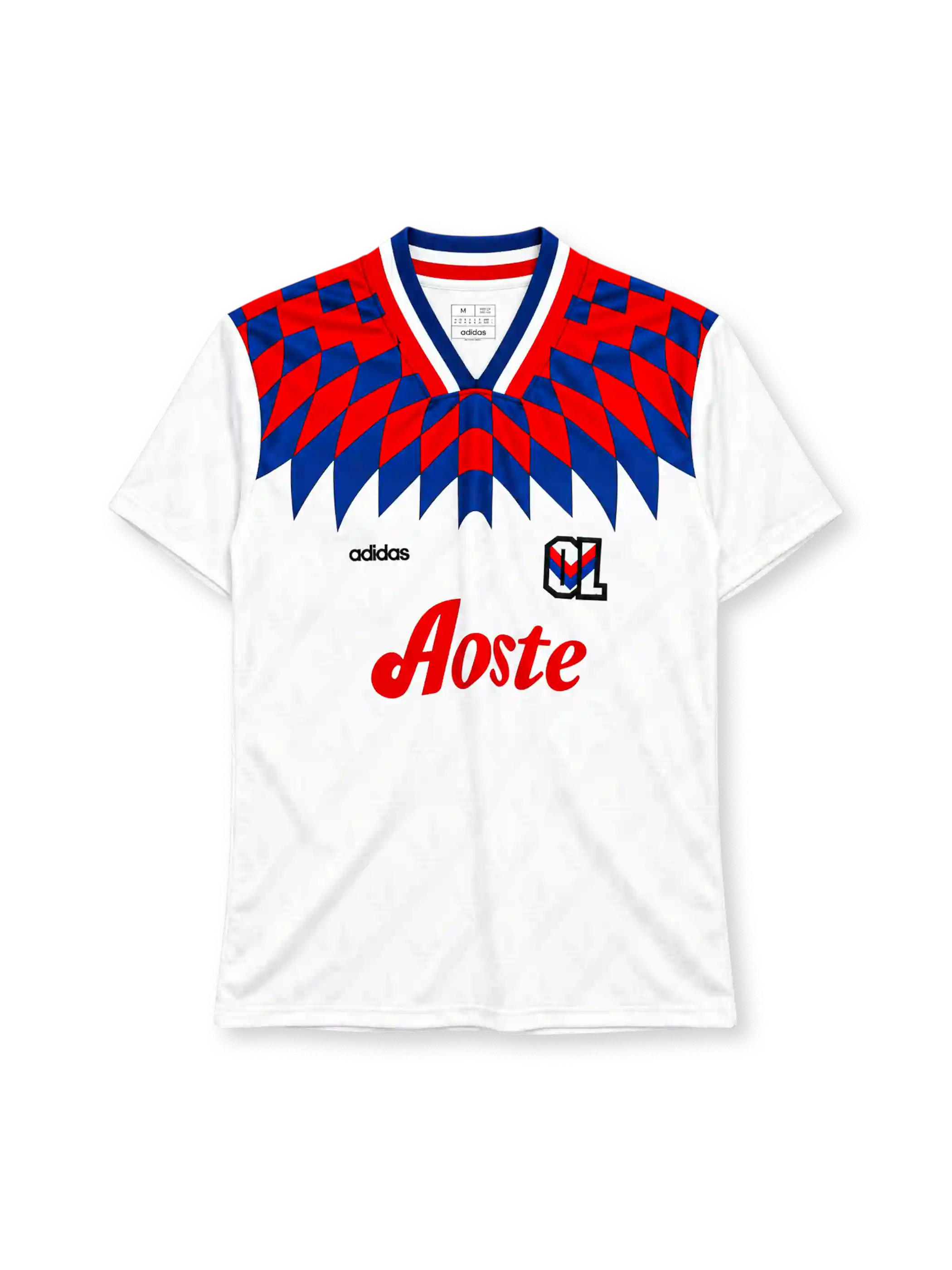 Olympique Lyonnais 1995-96 home jersey adidas front view white checkerboard pattern