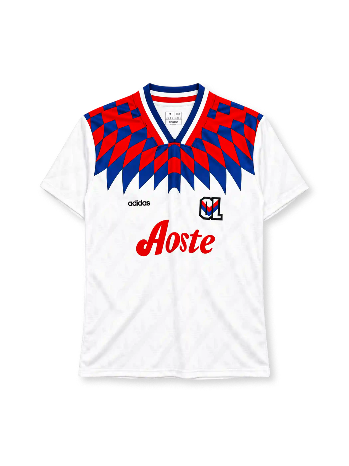 Olympique Lyonnais 1995-96 home jersey adidas front view white checkerboard pattern