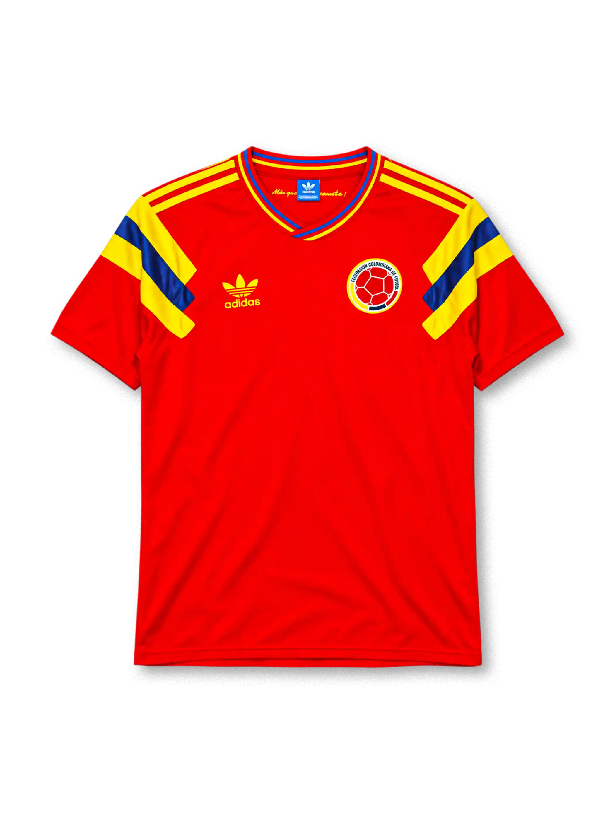 Colombia 1990 away jersey adidas front view red yellow blue panels