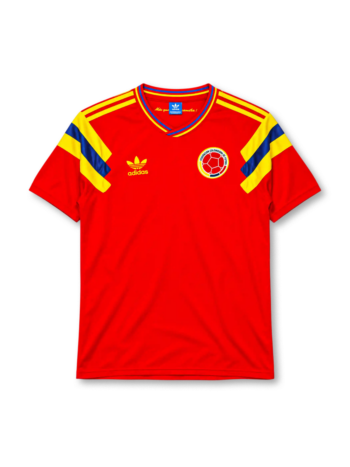 Colombia 1990 away jersey adidas front view red yellow blue panels