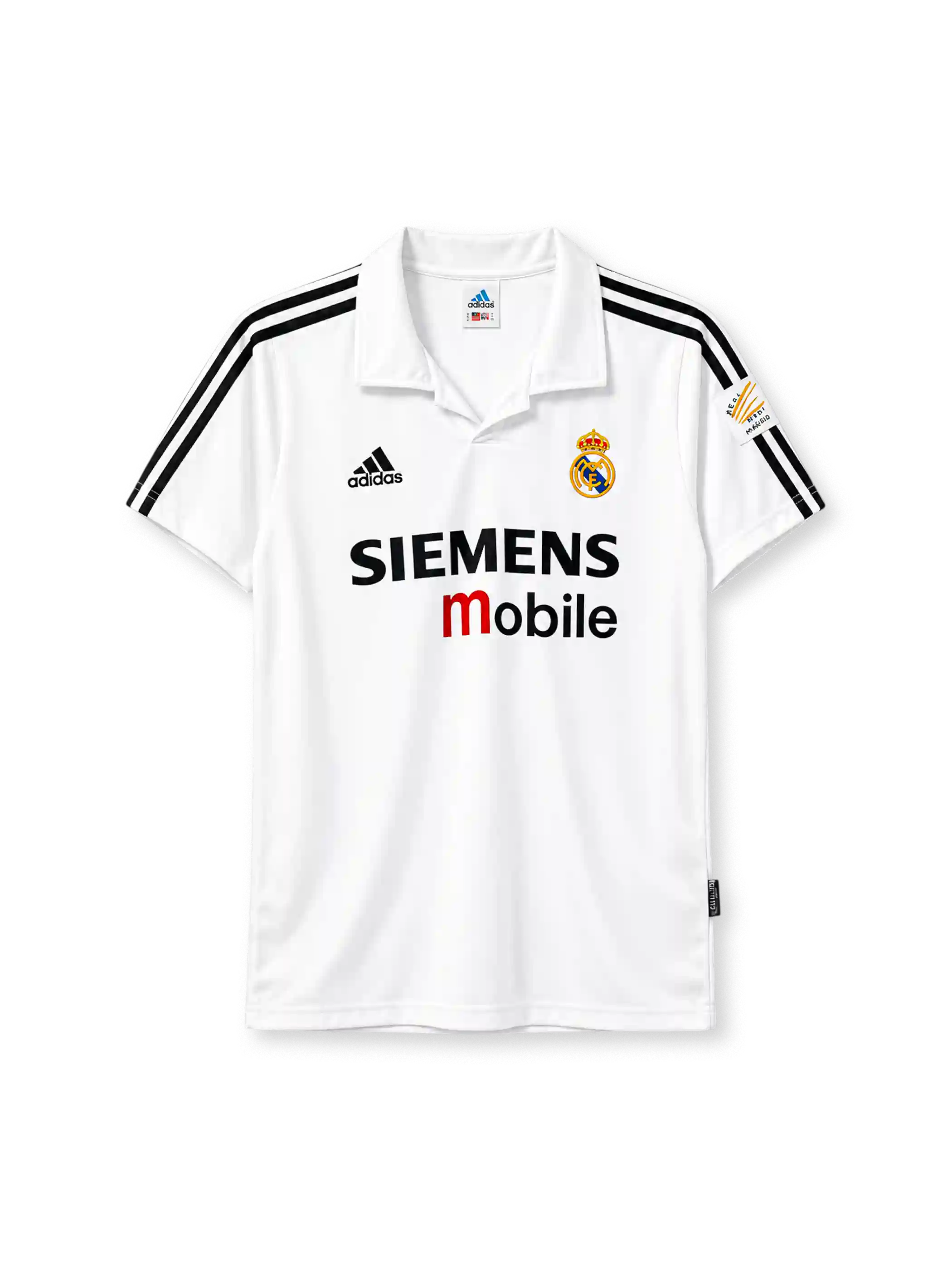 Real Madrid 2002-03 home jersey adidas front view white black stripes Siemens mobilev