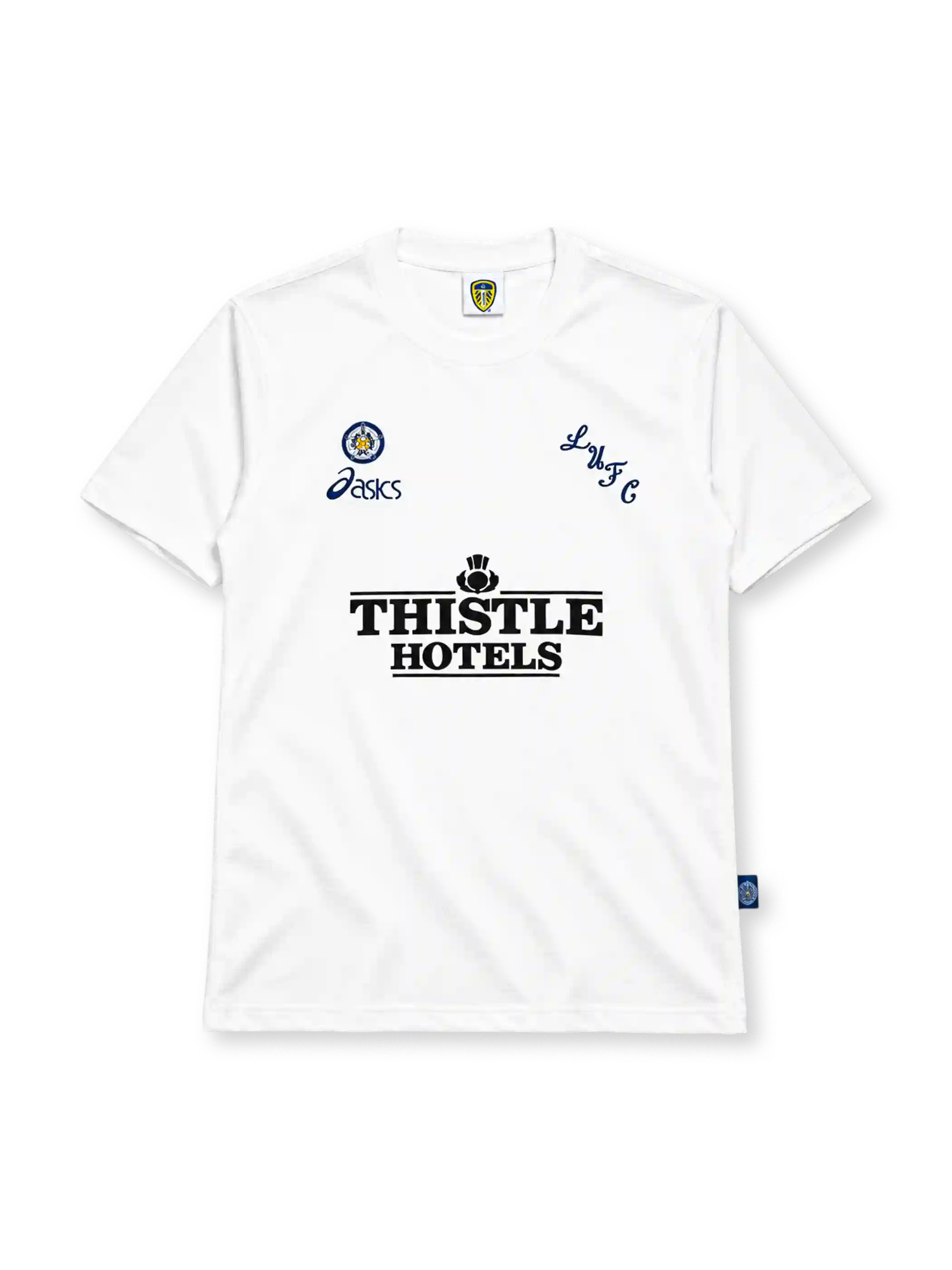 Leeds United 1995-96 home jersey Asics front view white Thistle Hotels