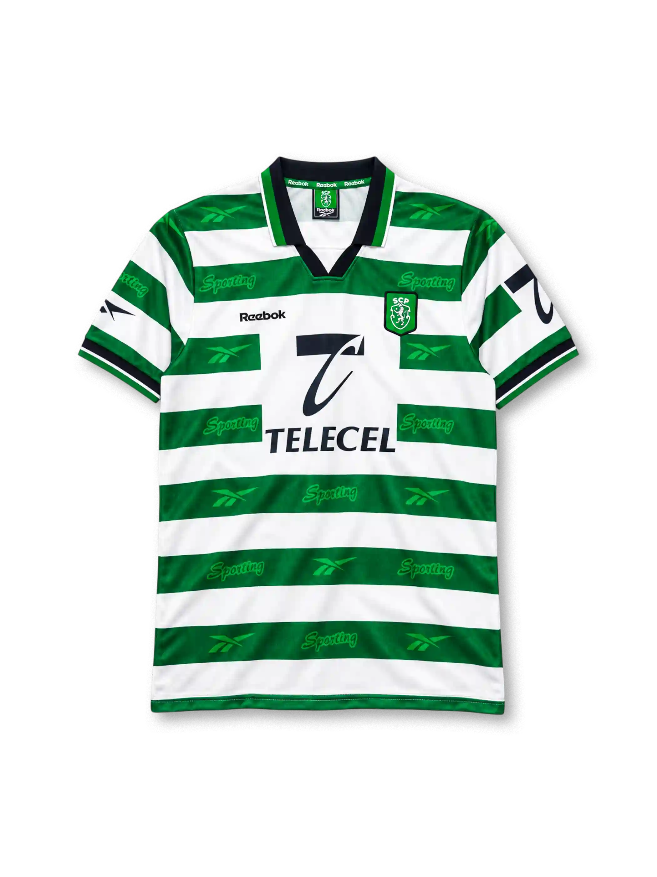 Sporting CP 1999-2000 home jersey Reebok front view green white hoops